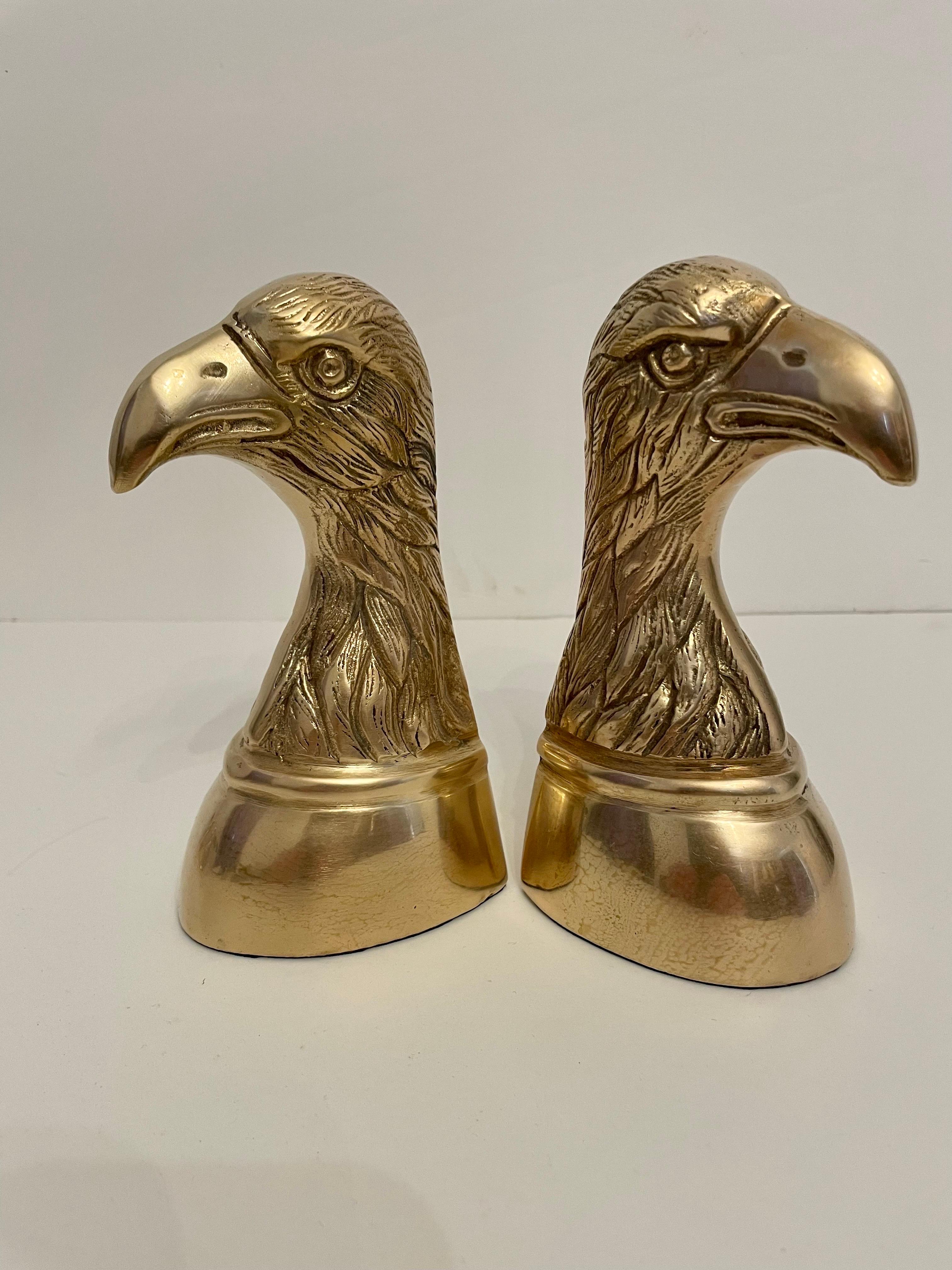 Nice set of heavy brass Eagle bookends. Has thin felt on bottom of each to prevent scratching furniture. Great on a book shelf or desk. Nice condition, hand polished, ready to use. 6.5” tall 3.25 deep x 3.25” wide. Any dark or light spots is
