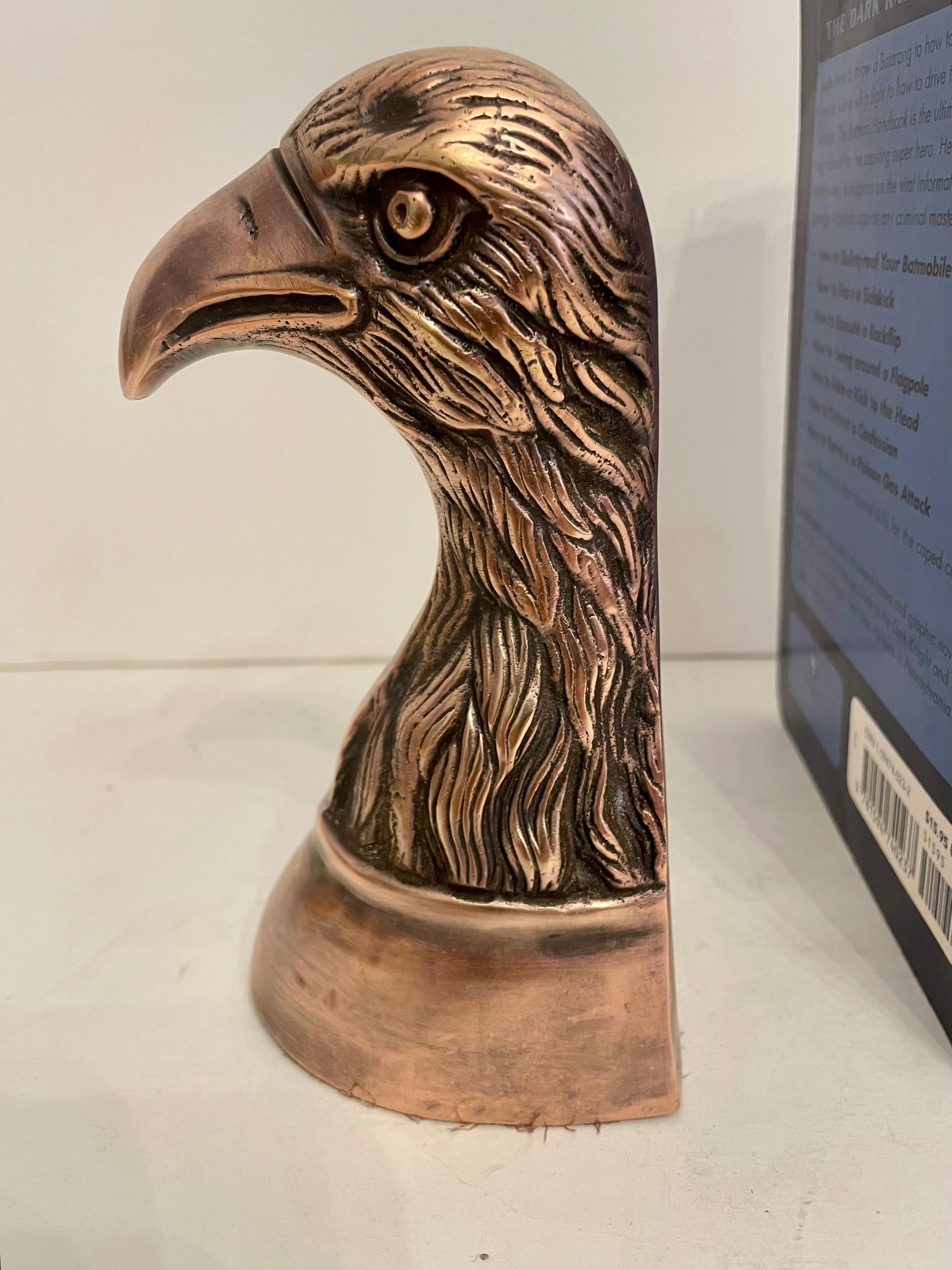 Nice set of heavy brass Eagle bookends. Has thin felt on bottom of each to prevent scratching furniture. Great on a book shelf or desk. Nice condition, hand polished, has nice copper tone coming through in the highlights. Ready to use. 6.25” tall 3
