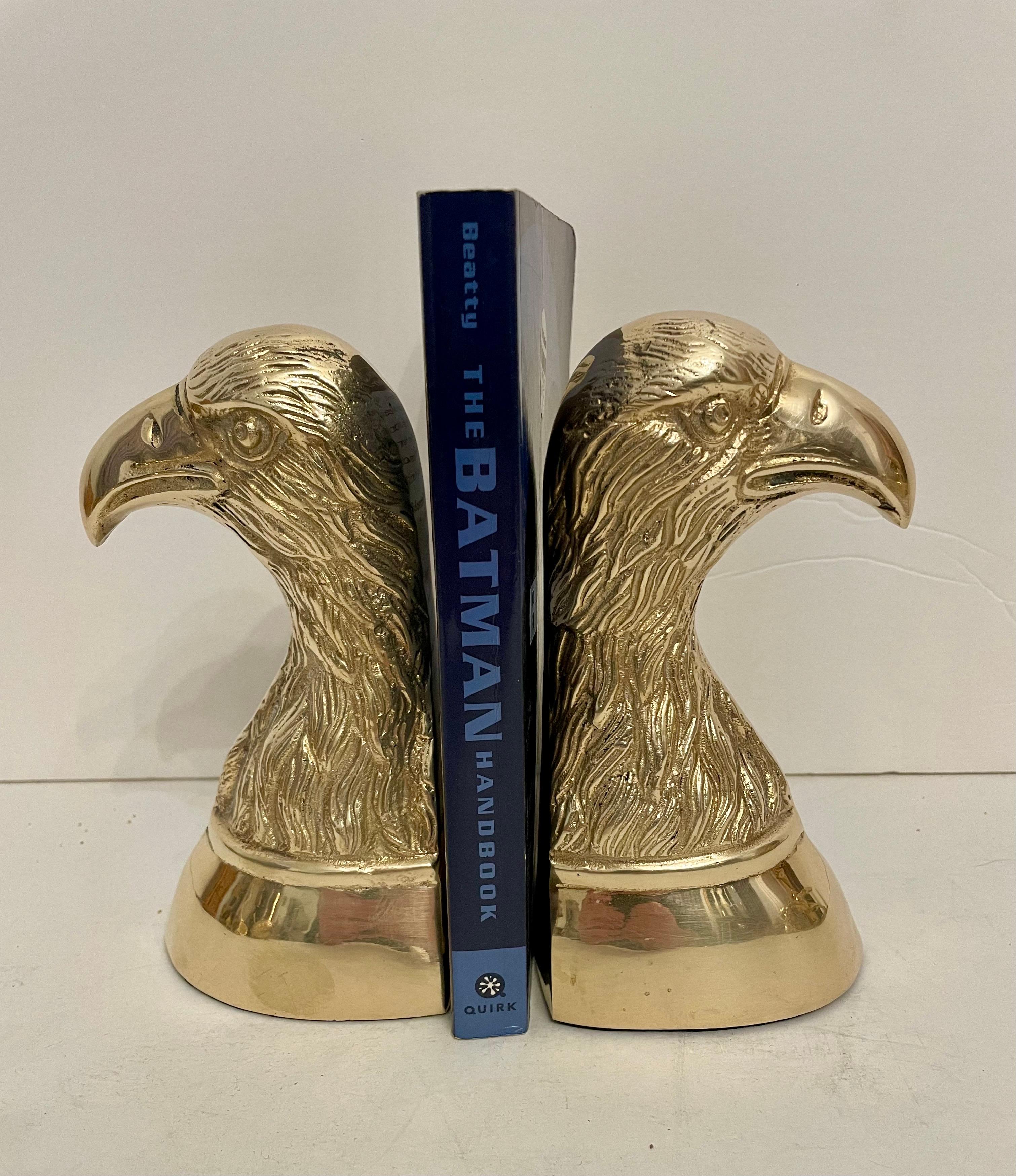 Nice set of large, heavy brass Eagle bookends. Has thin felt on bottom of each to prevent scratching furniture. Great on a book shelf or desk. Nice condition, hand polished, Ready to use. 6.75” tall 3.5