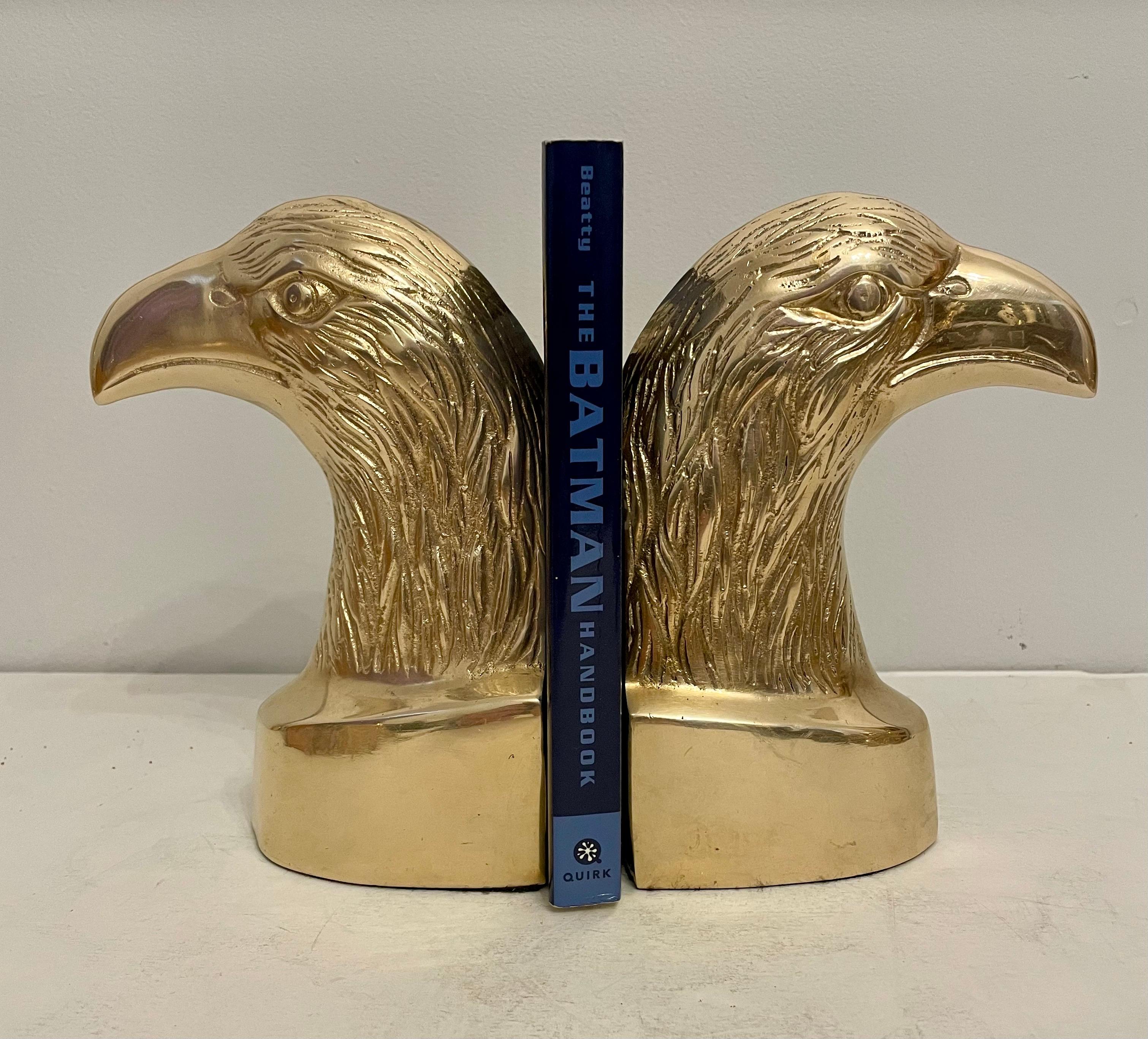Nice set of extra large, heavy brass Eagle bookends. Has thin felt on bottom of each to prevent scratching furniture. Great on a book shelf or desk. Nice condition, hand polished, Ready to use. 7.5” tall 4