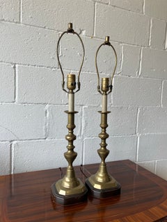 Pair of Vintage Brass Federal Style Candlestick Lamps with Exceptional Shades