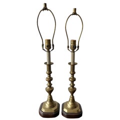 Pair of Vintage Brass Federal Style Candlestick Lamps with Exceptional Shades