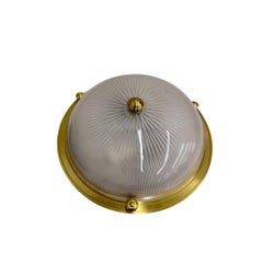Pair of Vintage Brass Flush Mounts With Ribbed Glass Domes