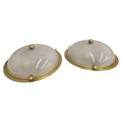 Pair of Vintage Brass Flush Mounts With Ribbed Glass Domes