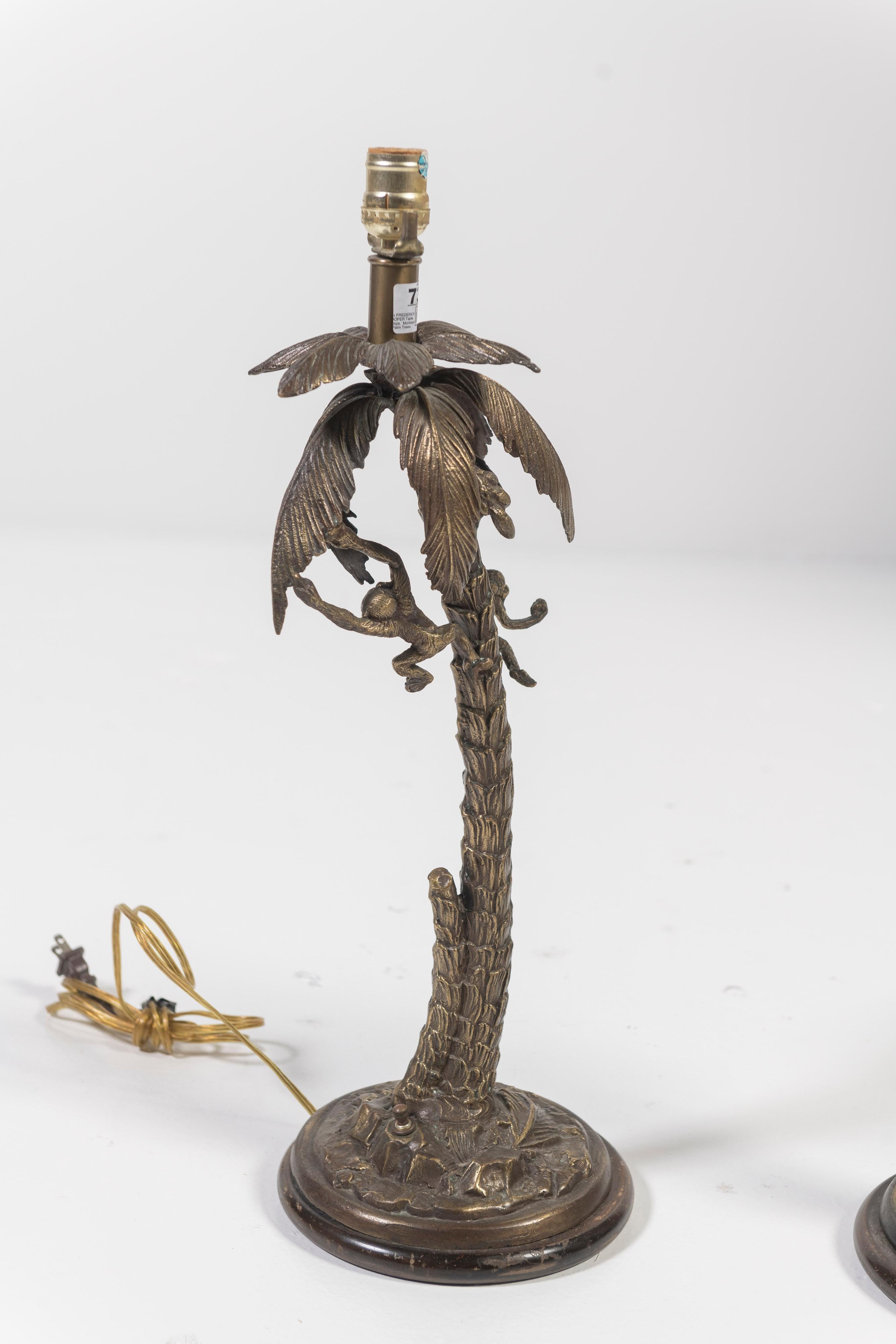 Late 20th Century Pair of Vintage Brass Frederick Cooper Table Lamps, Monkeys in a Palm Tree For Sale