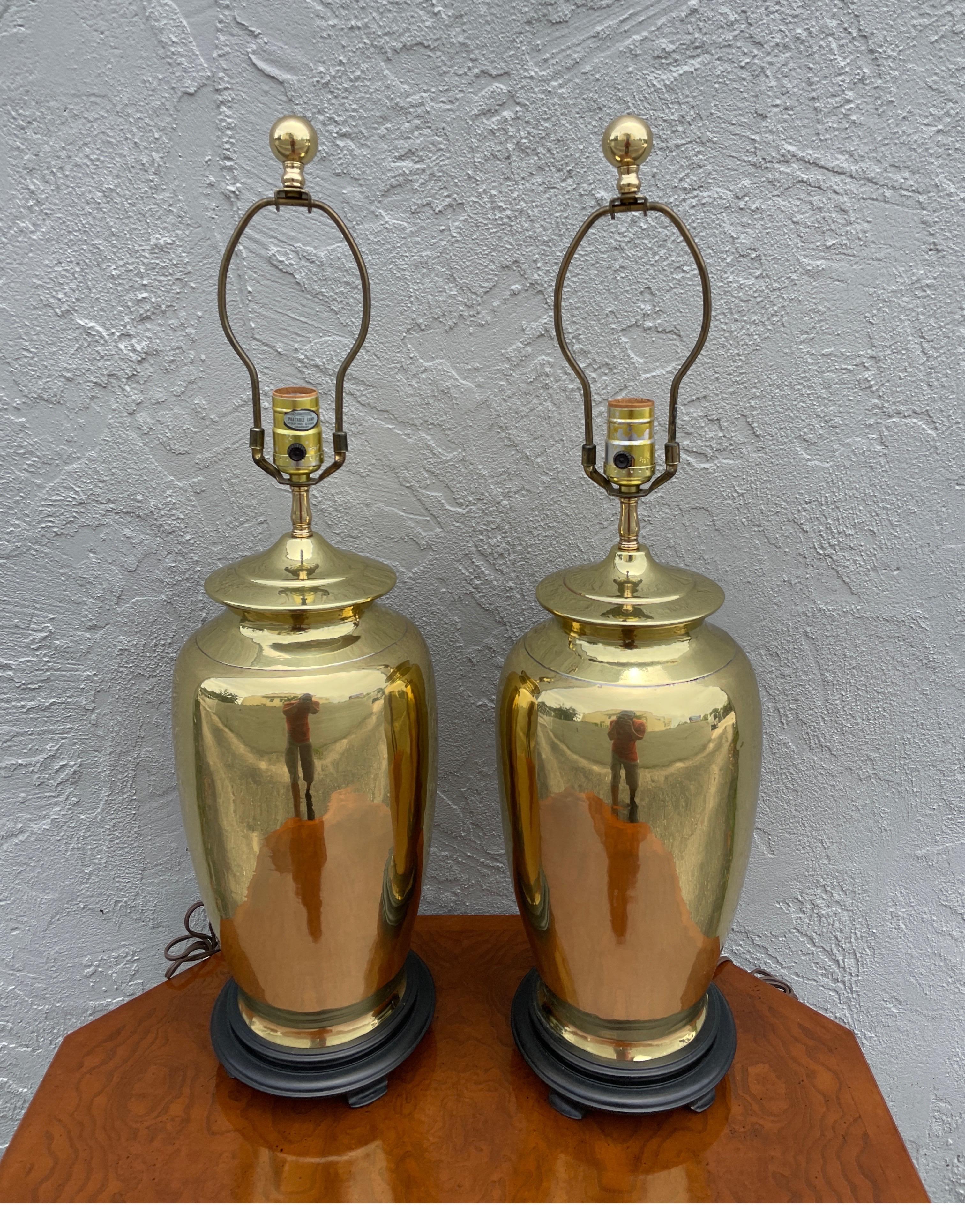 Pair of vintage polished brass ginger jar lamps by Chapman.