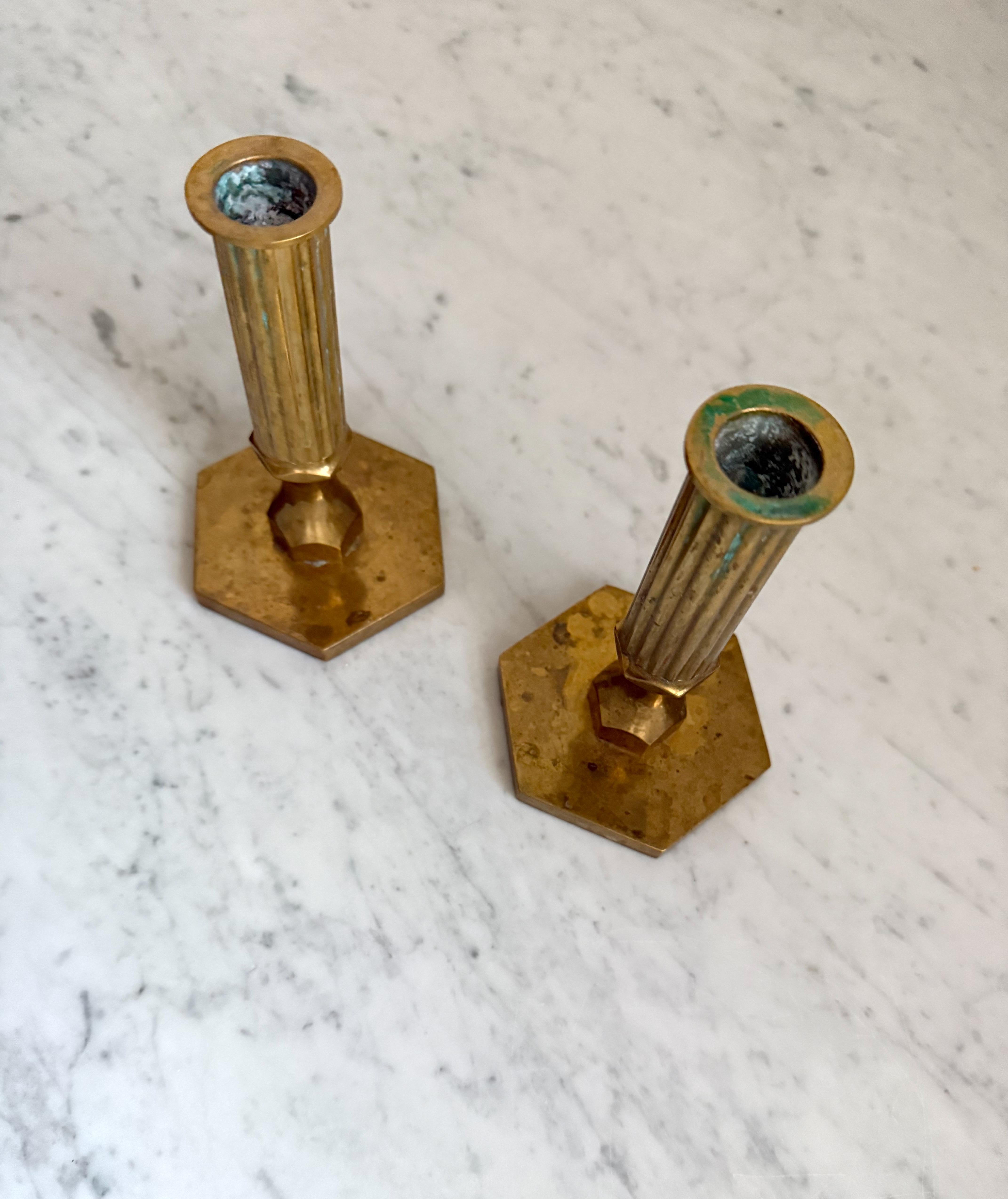 Cast Pair of Vintage Brass Gusum Candlesticks by Bernt Karlsson, Sweden, 1980 For Sale