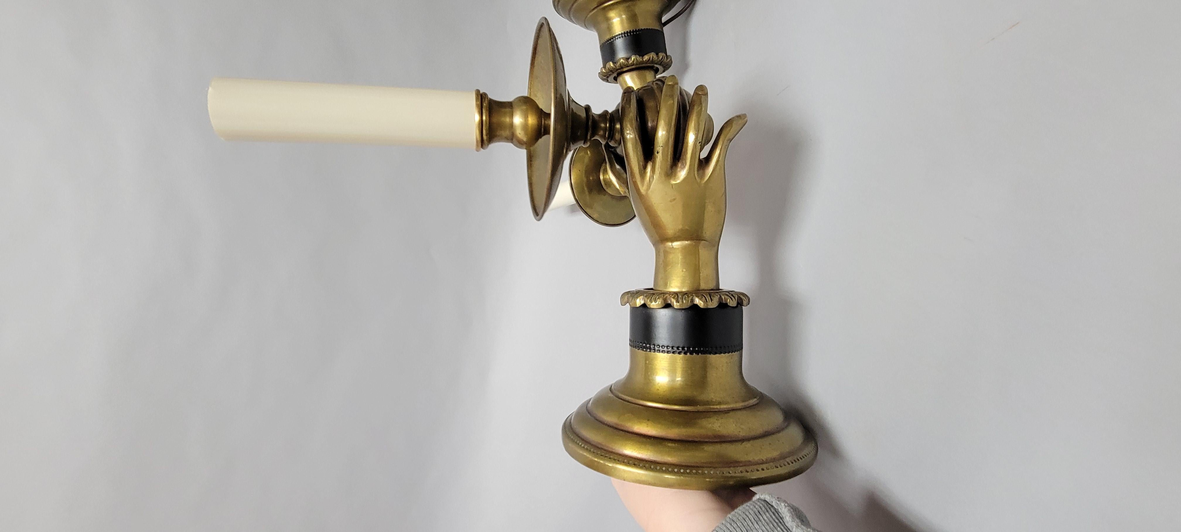 Pair of Vintage Brass Hand-Holding Candle Wall Sconces – Andre Arbus Style In Good Condition In Cincinnati, OH