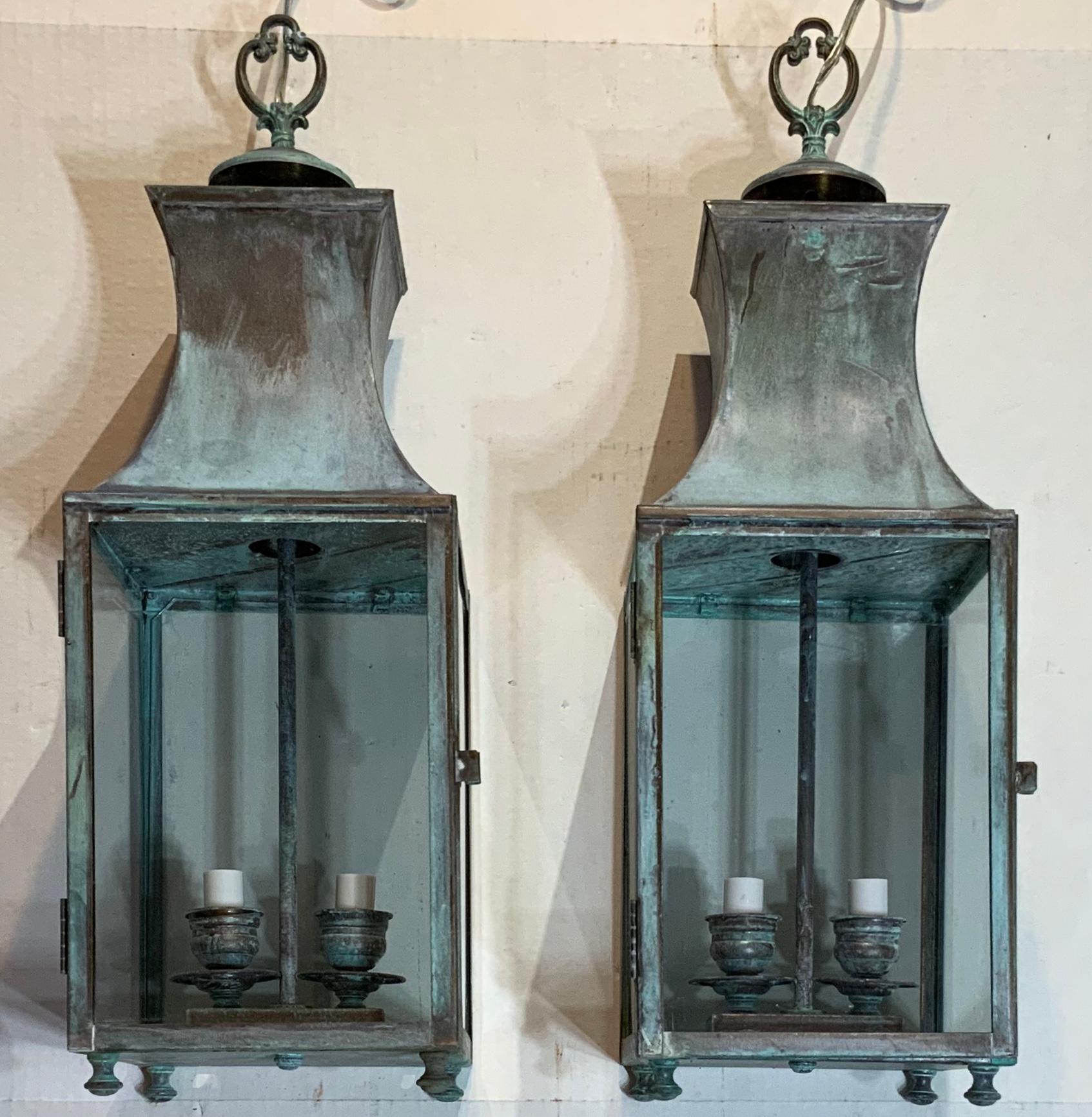 American Pair of Vintage Brass Hanging Lantern