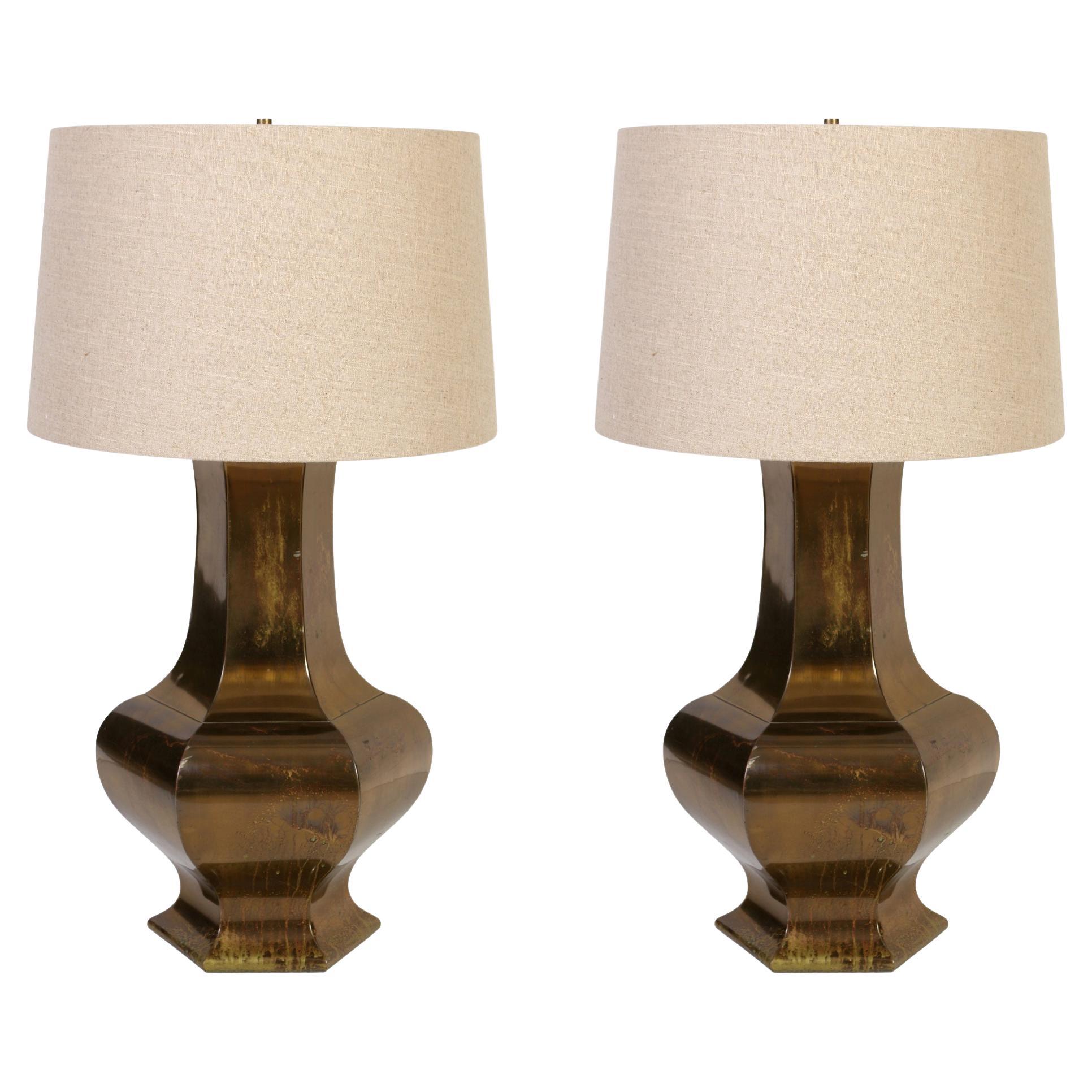 Pair of Vintage Brass Hexagonal Lamps For Sale
