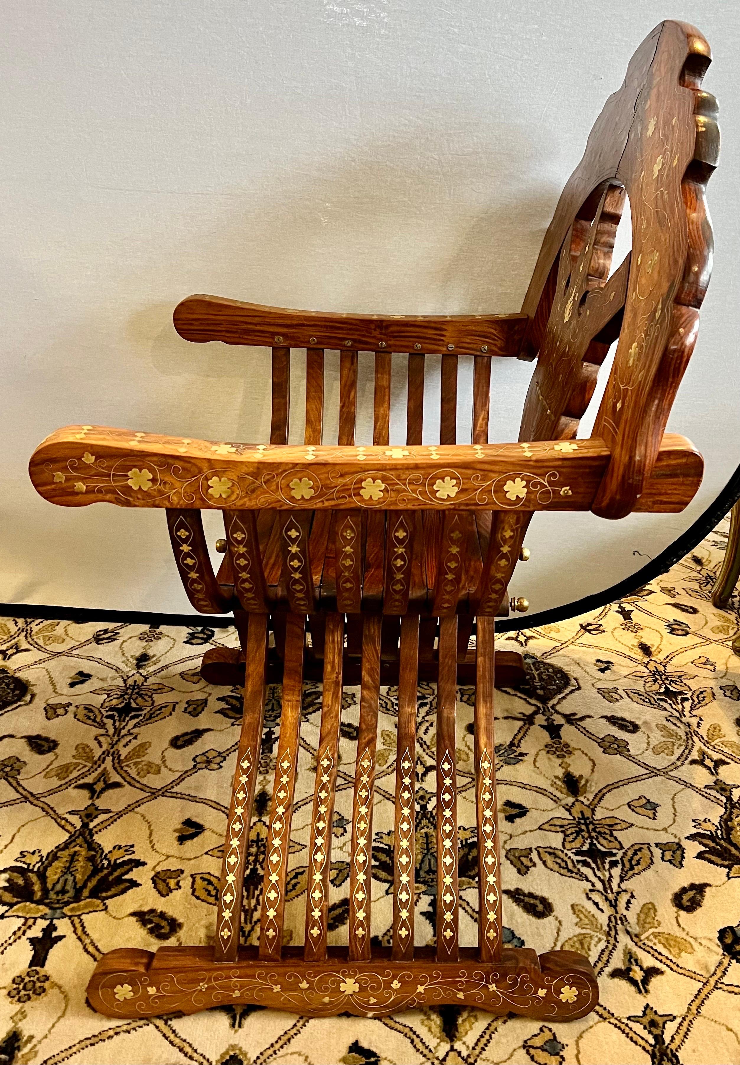 Pair of Vintage Brass Inlay Savonarola Folding Chairs and Table, 3 Pcs 4
