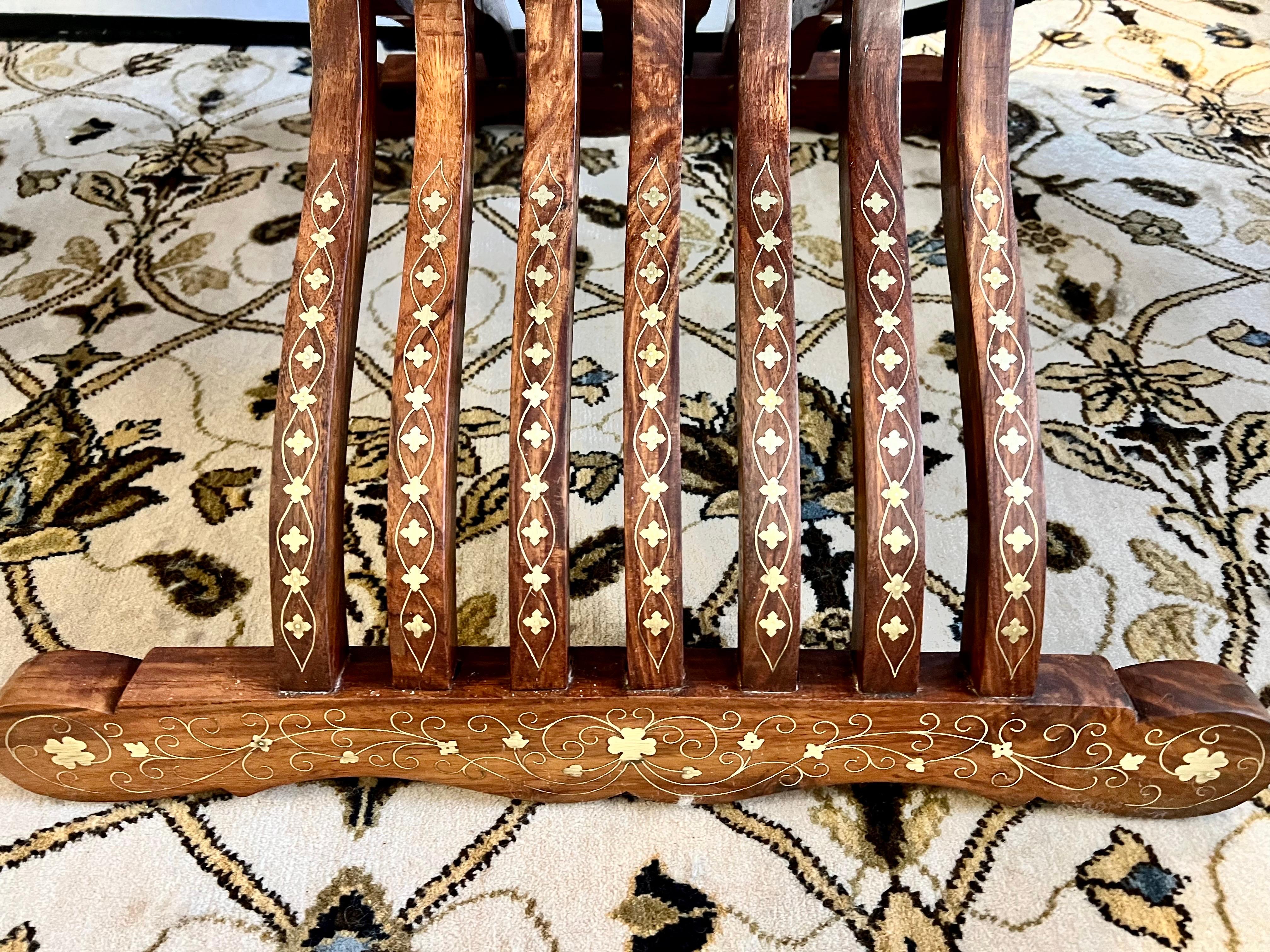 Pair of Vintage Brass Inlay Savonarola Folding Chairs and Table, 3 Pcs 5