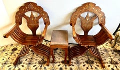 Pair of Vintage Brass Inlay Savonarola Folding Chairs and Table, 3 Pcs