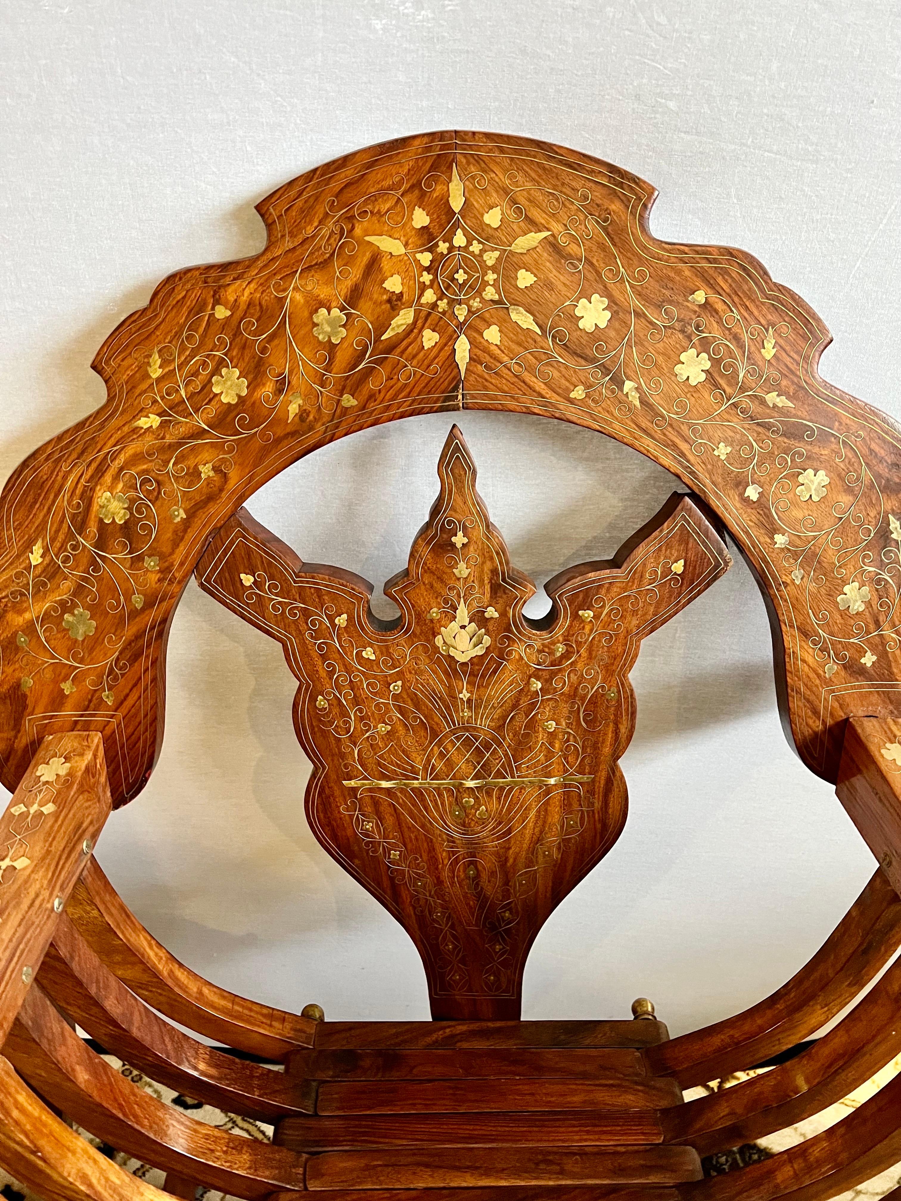 Moorish Pair of Vintage Brass Inlay Savonarola Folding Chairs and Table, 3 Pcs