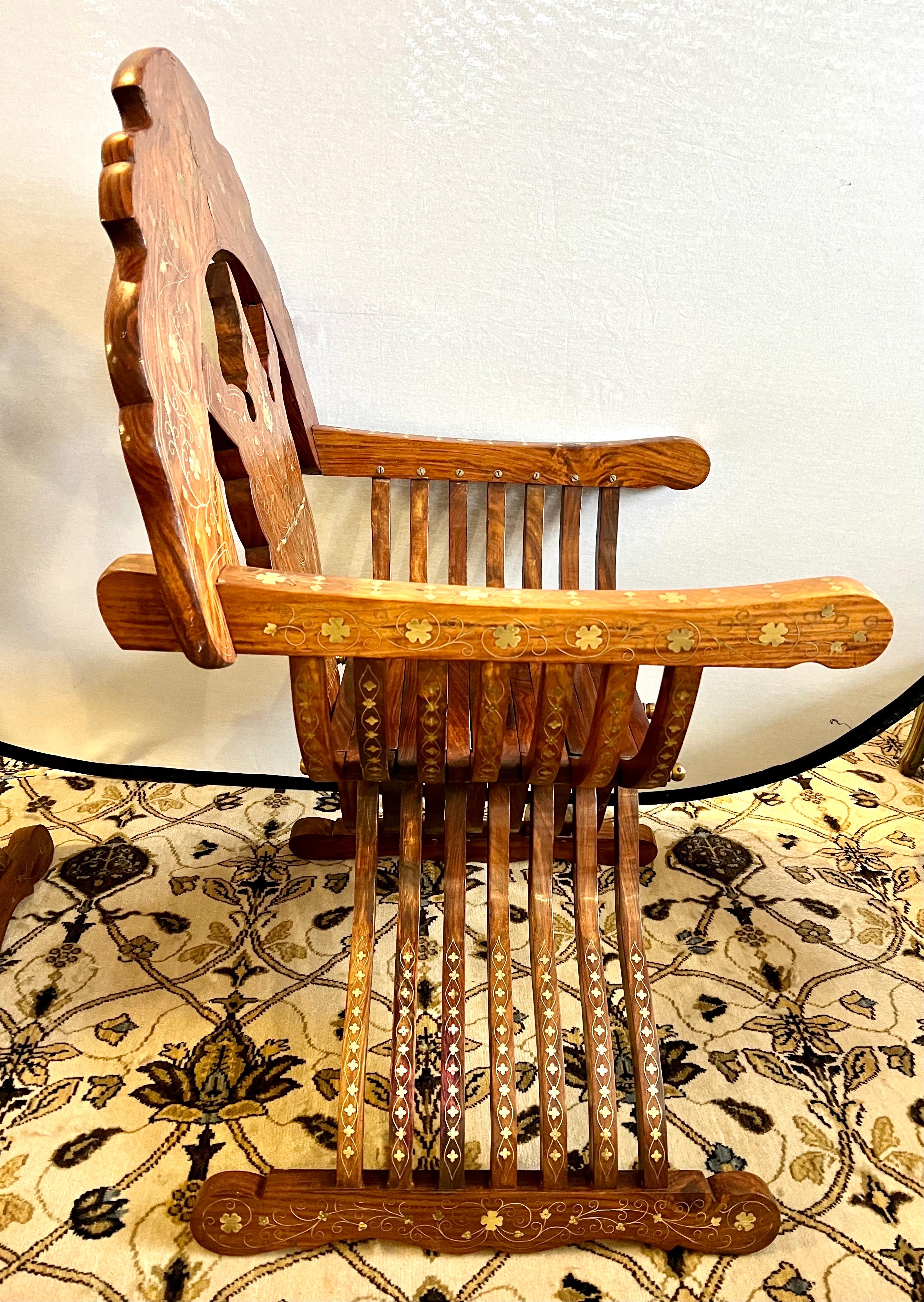 Pair of Vintage Brass Inlay Savonarola Folding Chairs and Table, 3 Pcs 2