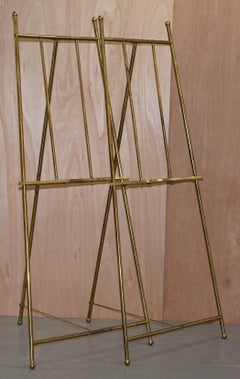 PAIR OF VINTAGE BRASS LARGE 203CM TALL FOLDING ARTIST EASELs PICTURE DISPLAY