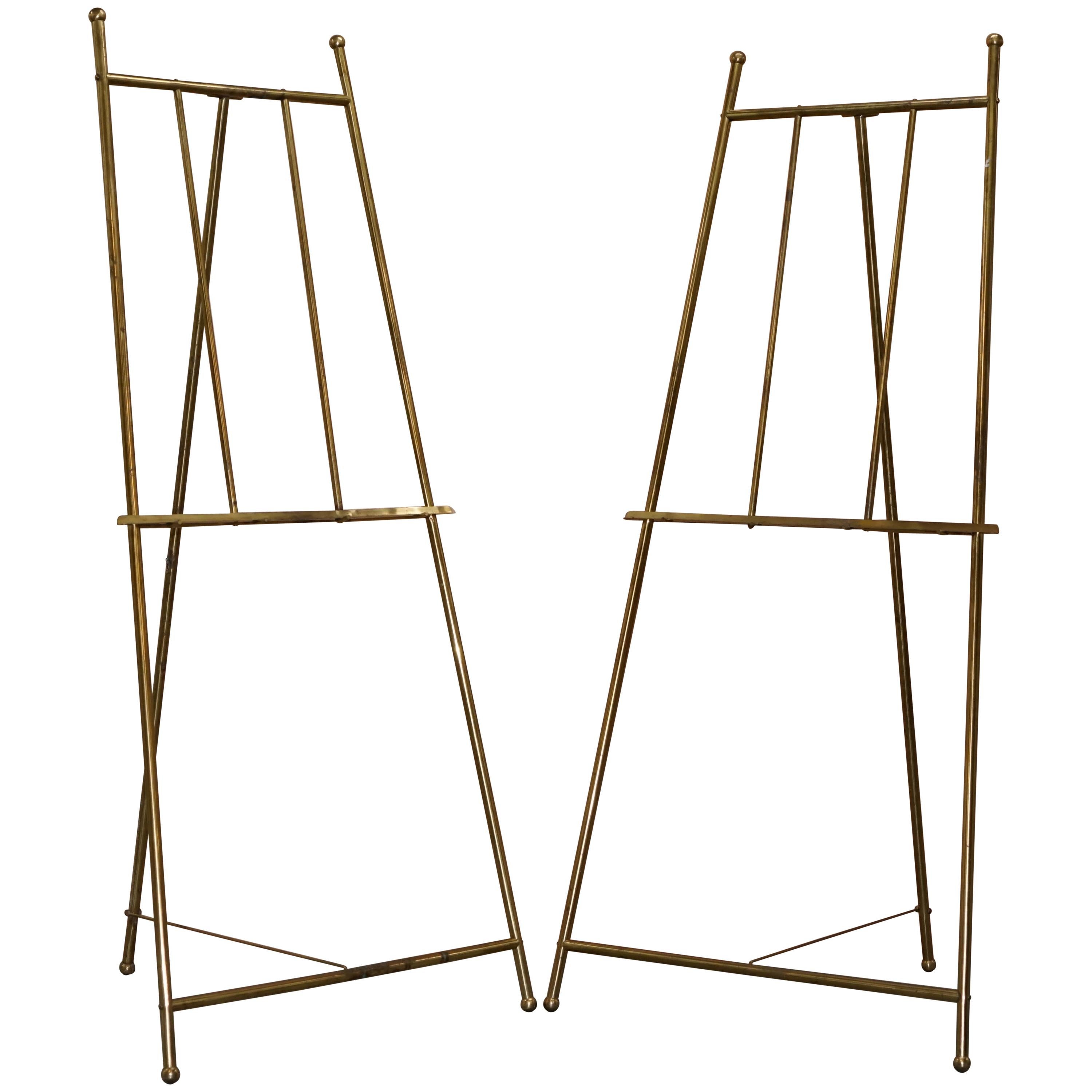 PAIR OF VINTAGE BRASS LARGE 203CM TALL FOLDING ARTIST EASELs PICTURE DISPLAY