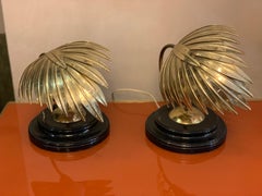 Pair of Vintage Brass Leaf Bedside Lamps with Black Lacquered Base, 1970s