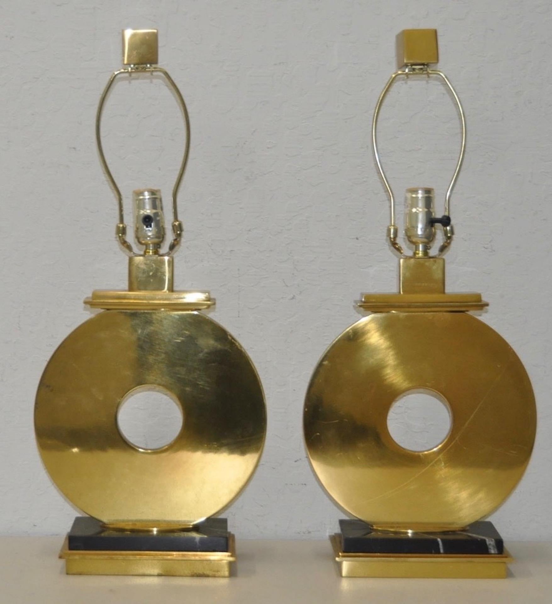 American Pair of Vintage Brass and Marble Table Lamps by Robert Abbey For Sale