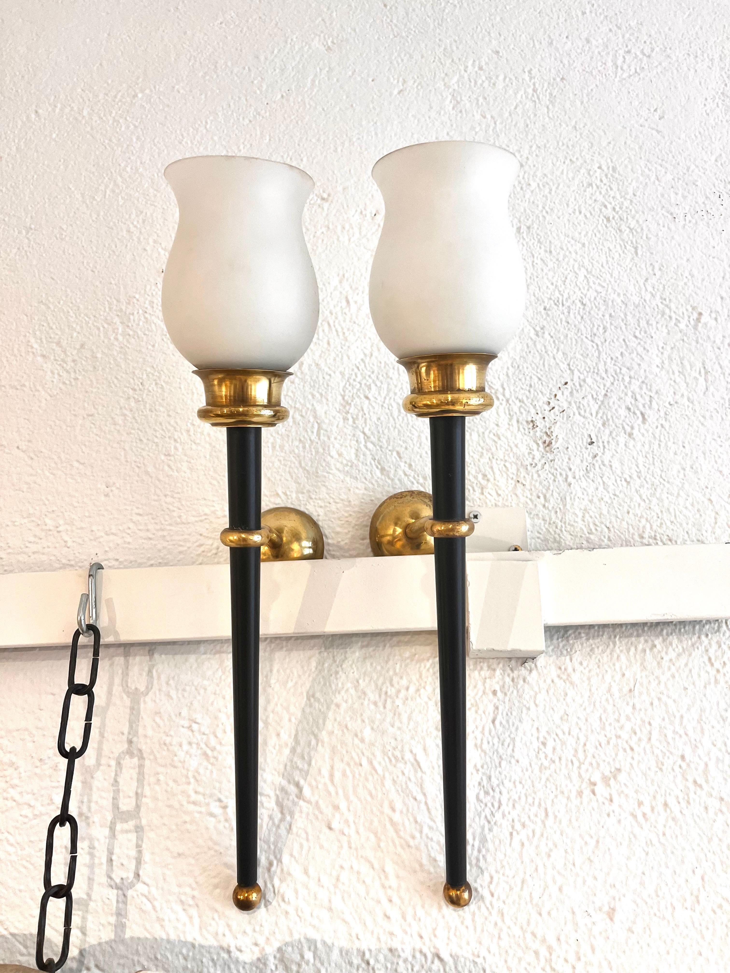 Pair of Vintage Brass Metal and Opaline Wall Lights Arlus Style For Sale 3