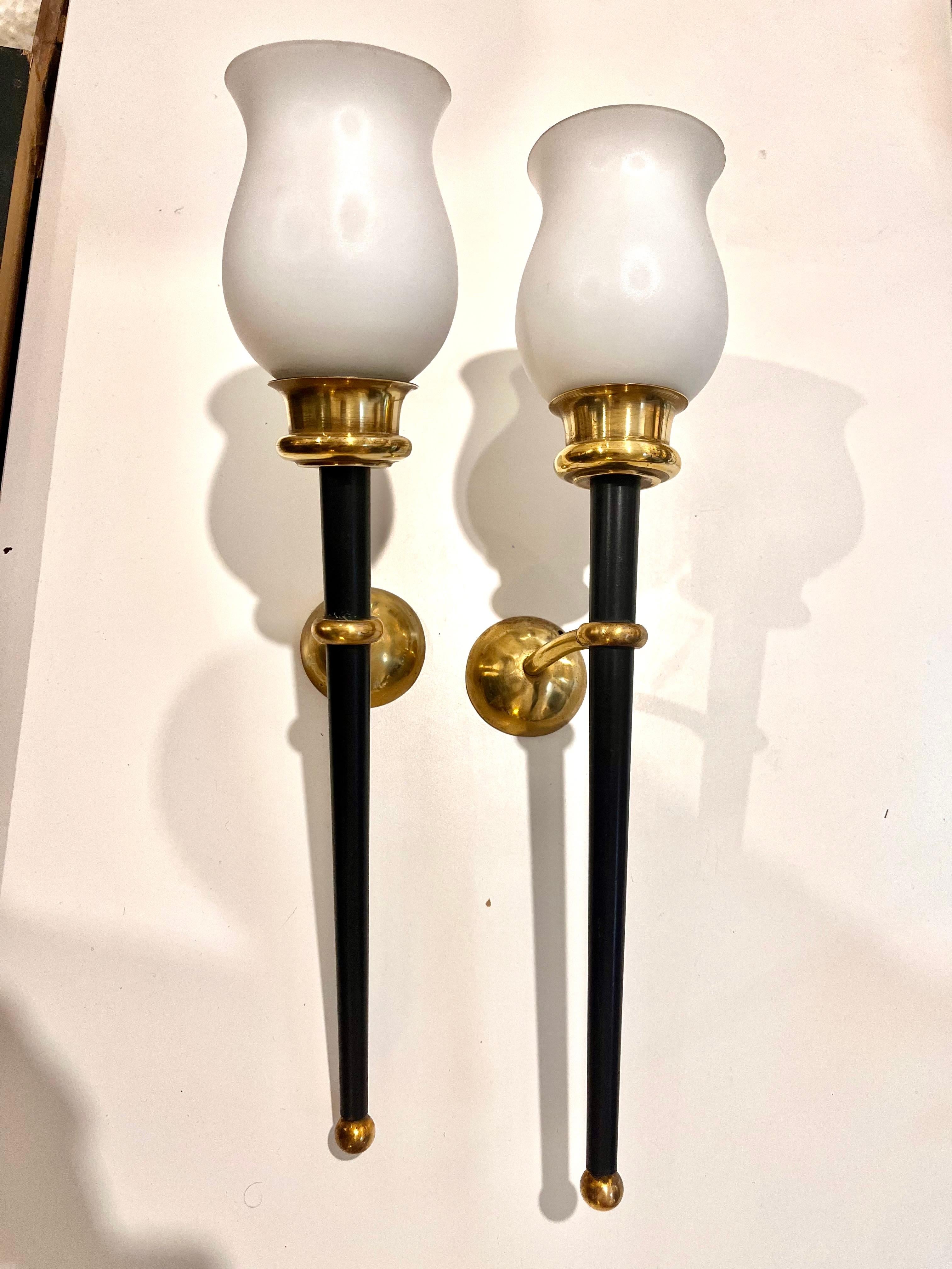 Pair of Vintage Brass Metal and Opaline Wall Lights Arlus Style For Sale 4