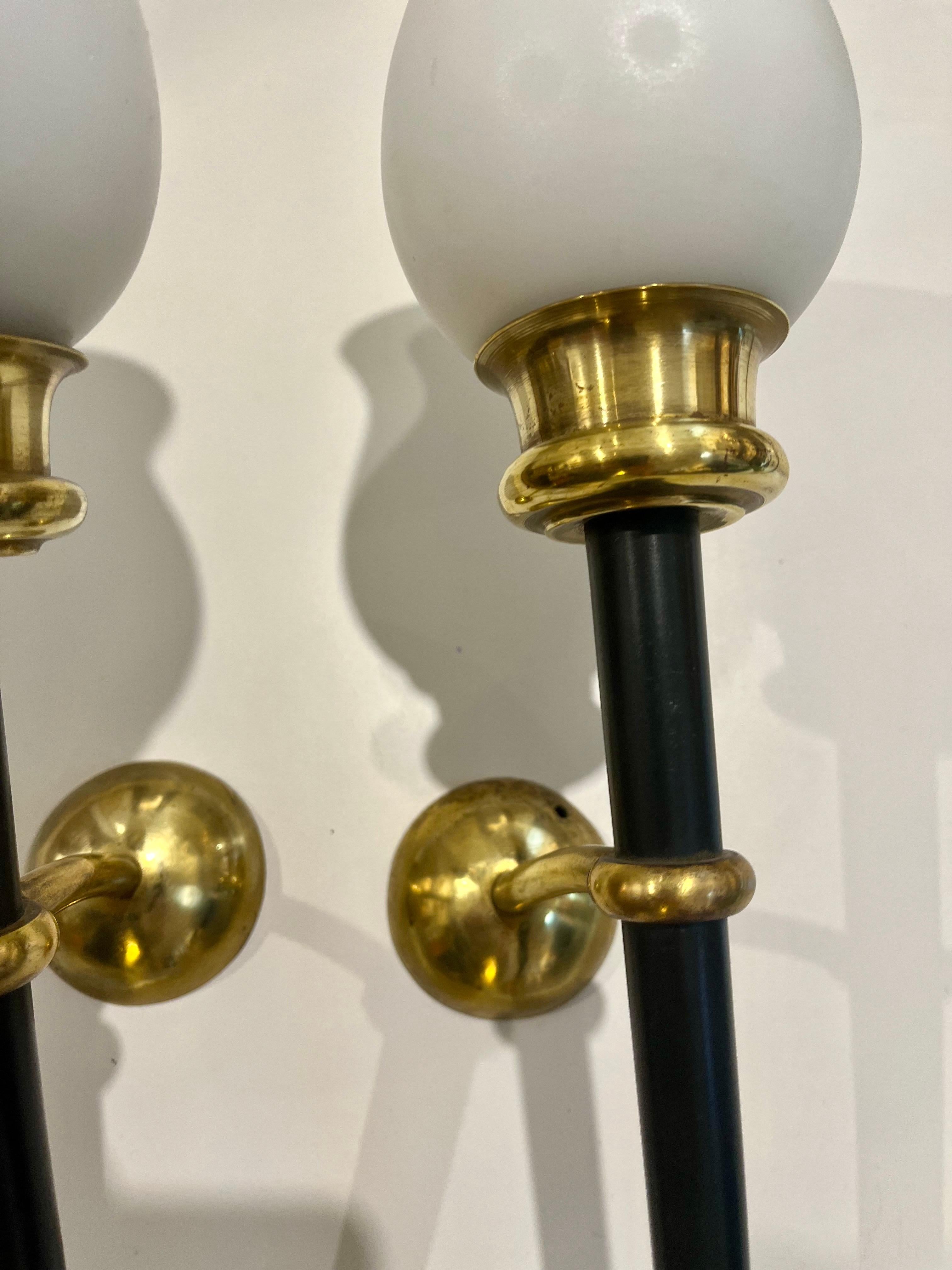 Pair of Vintage Brass Metal and Opaline Wall Lights Arlus Style For Sale 5