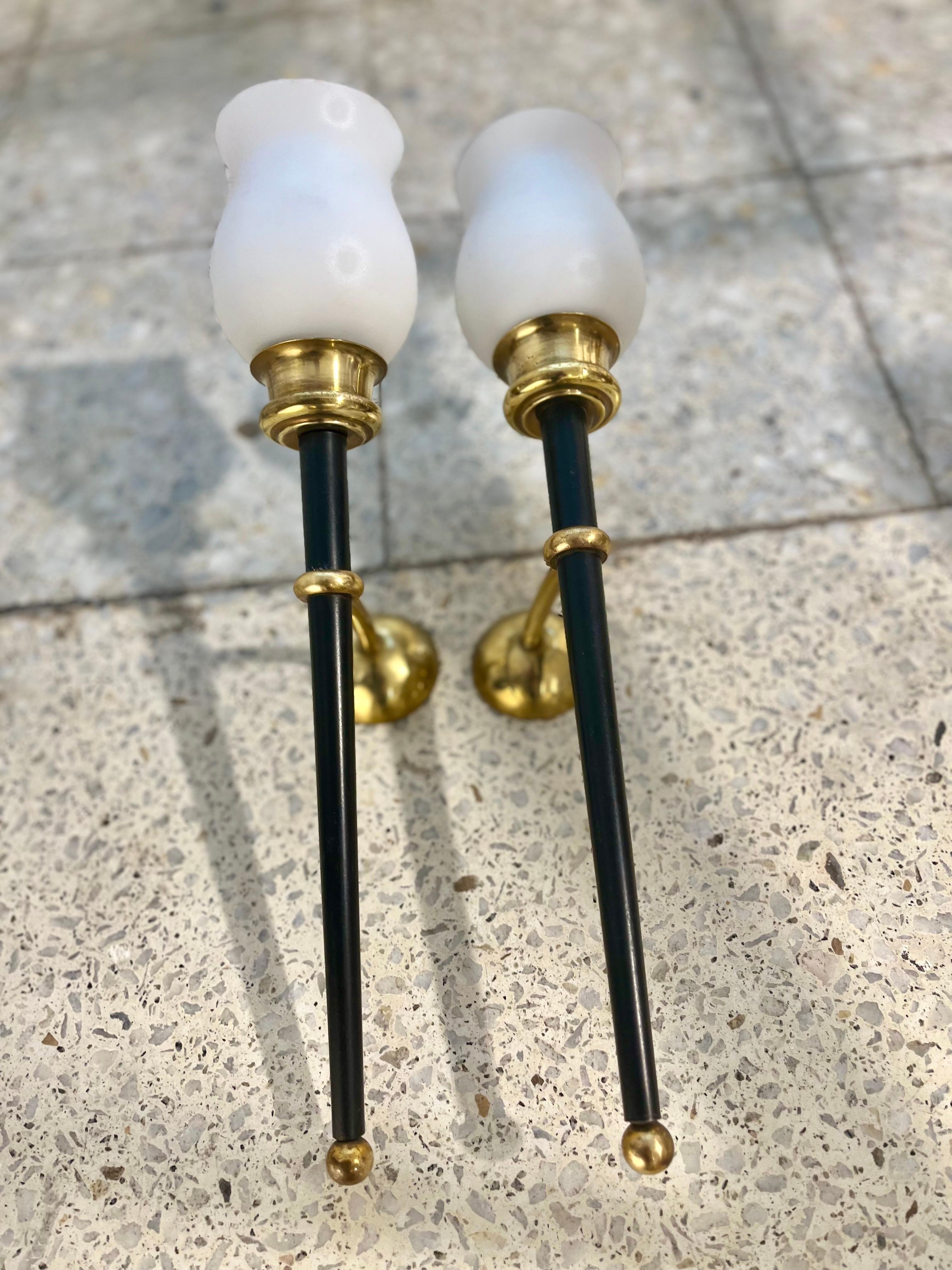 Pair of Vintage Brass Metal and Opaline Wall Lights Arlus Style For Sale 7