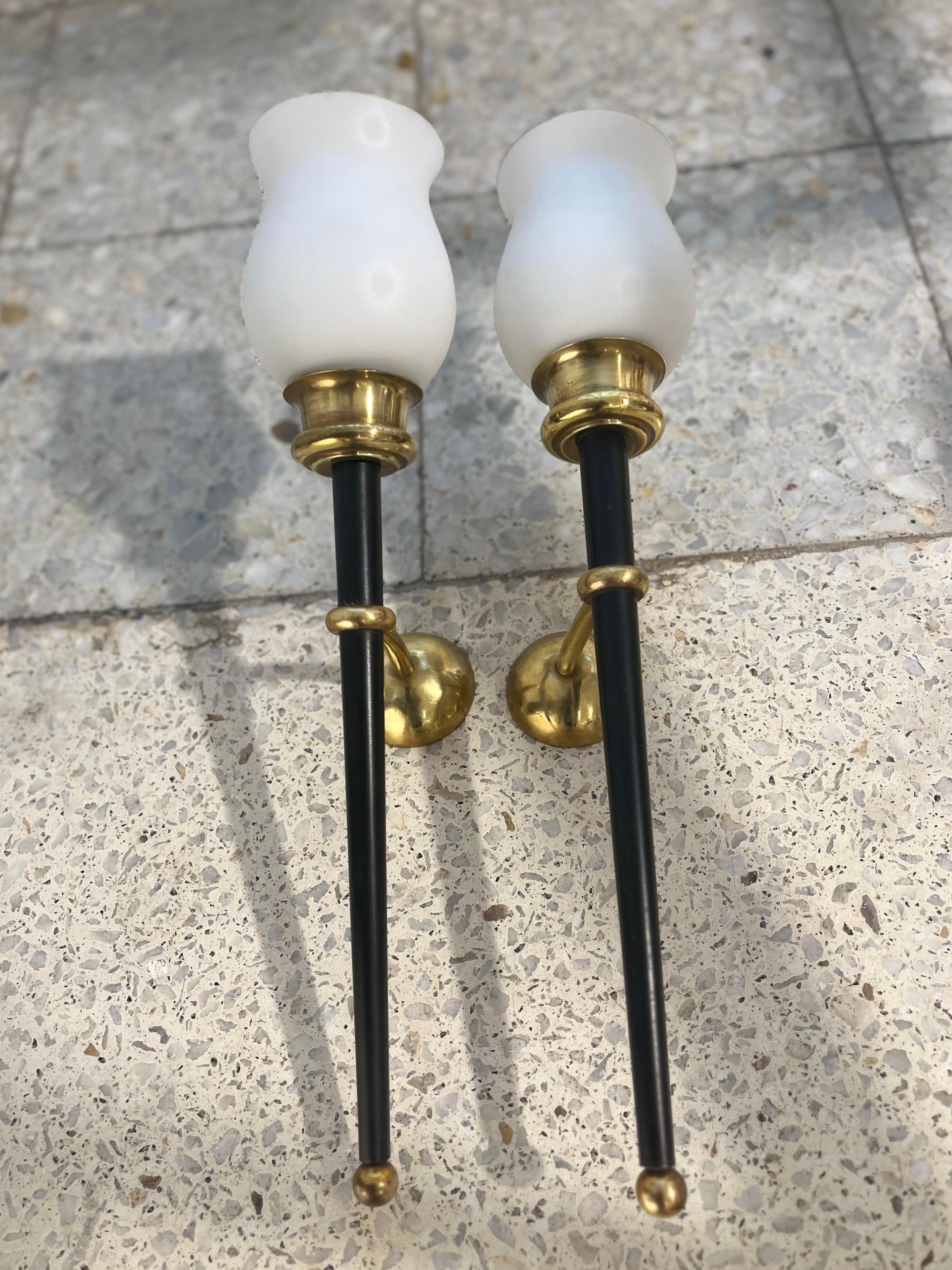 Pair of Vintage Brass Metal and Opaline Wall Lights Arlus Style For Sale 9