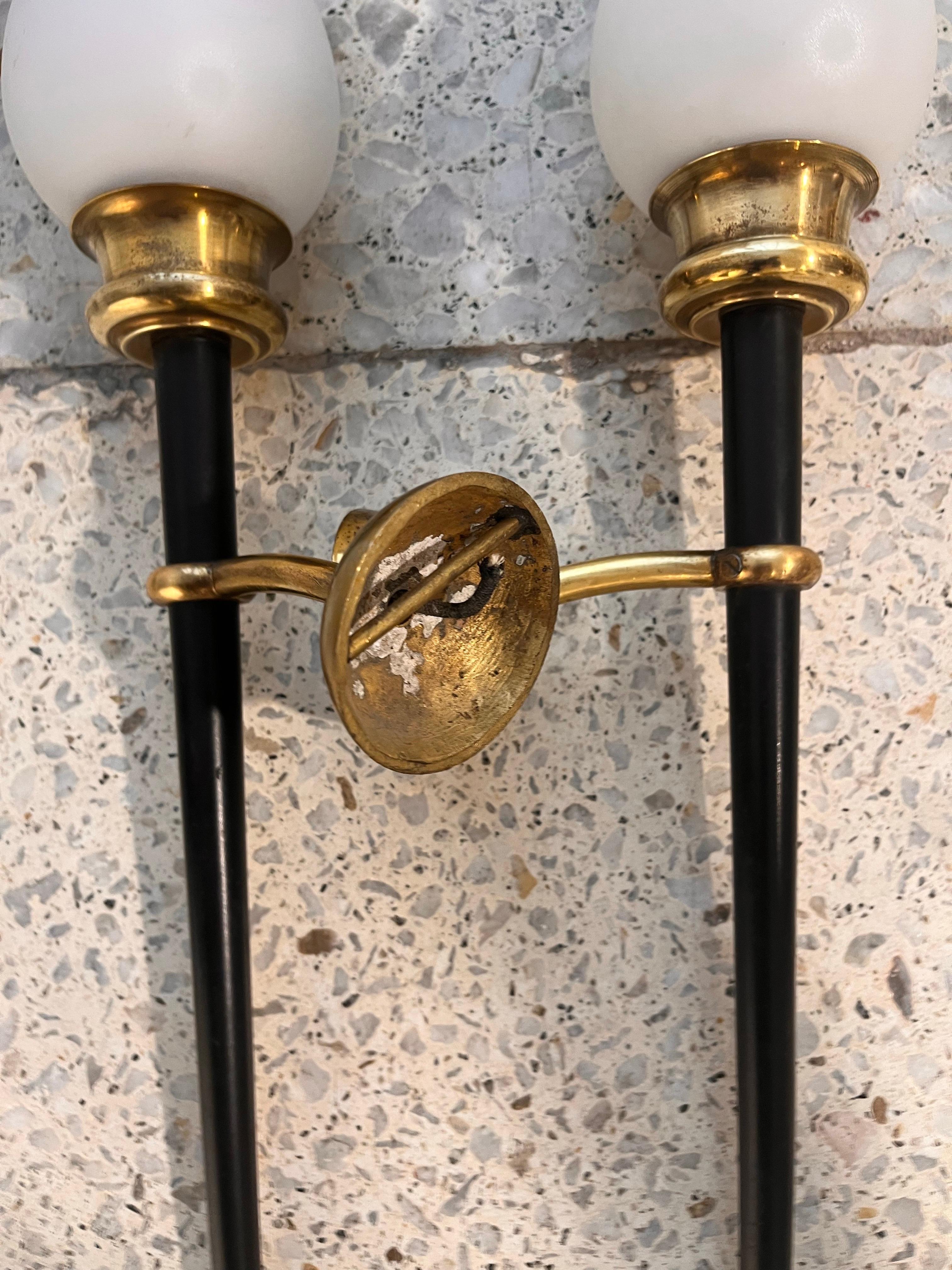 French Pair of Vintage Brass Metal and Opaline Wall Lights Arlus Style For Sale