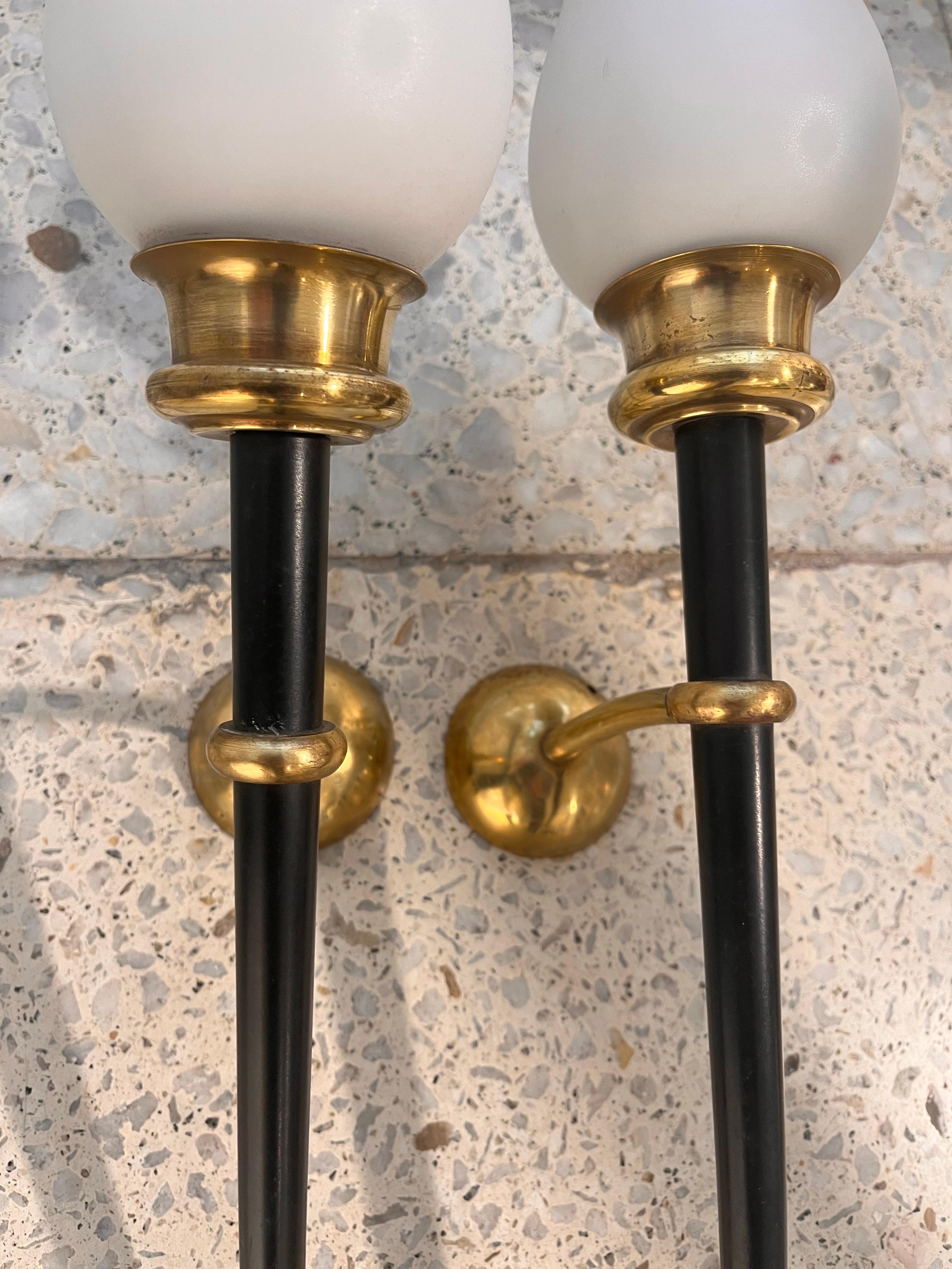 Lacquered Pair of Vintage Brass Metal and Opaline Wall Lights Arlus Style For Sale