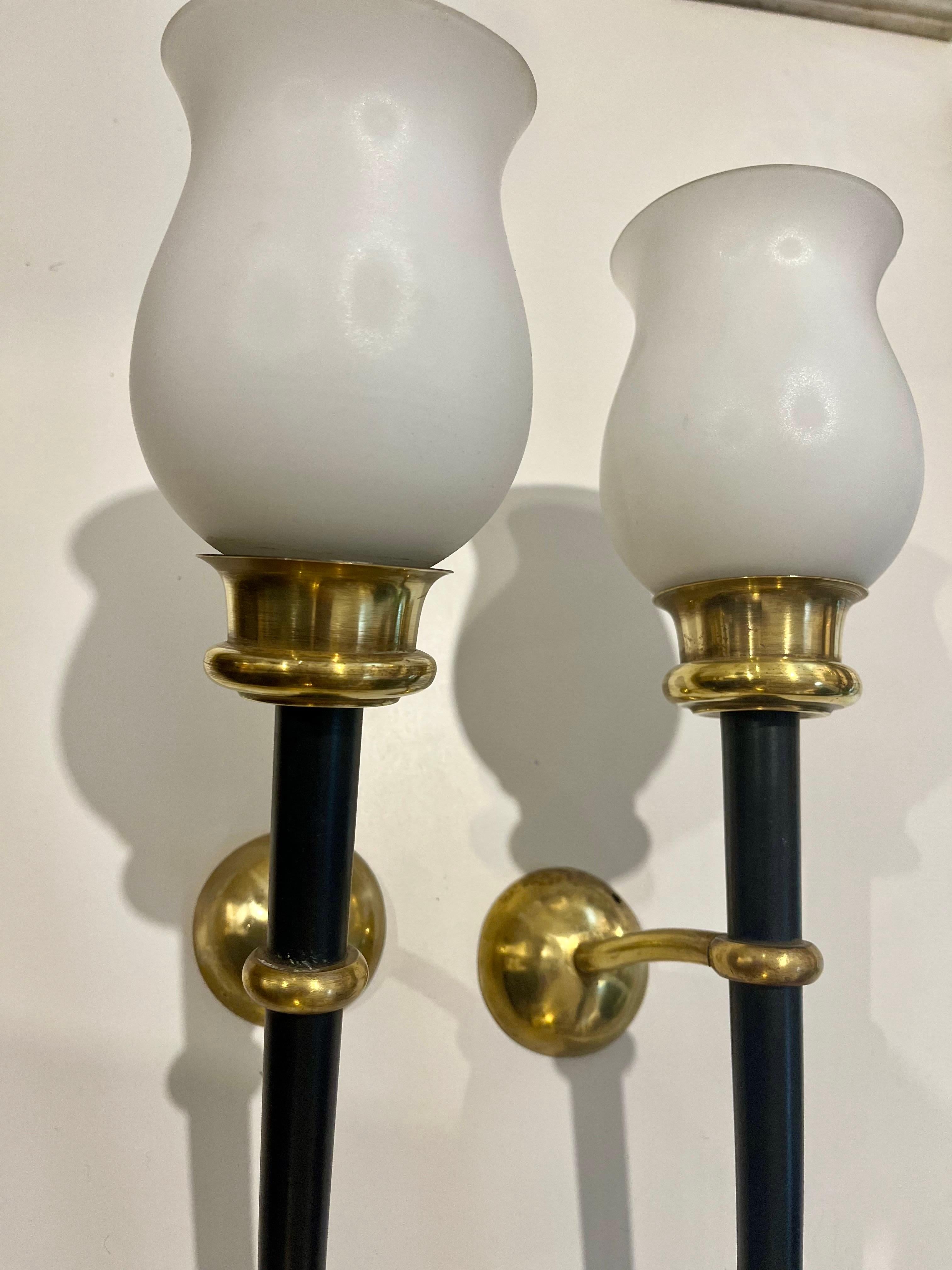 Pair of Vintage Brass Metal and Opaline Wall Lights Arlus Style In Good Condition For Sale In Madrid, ES