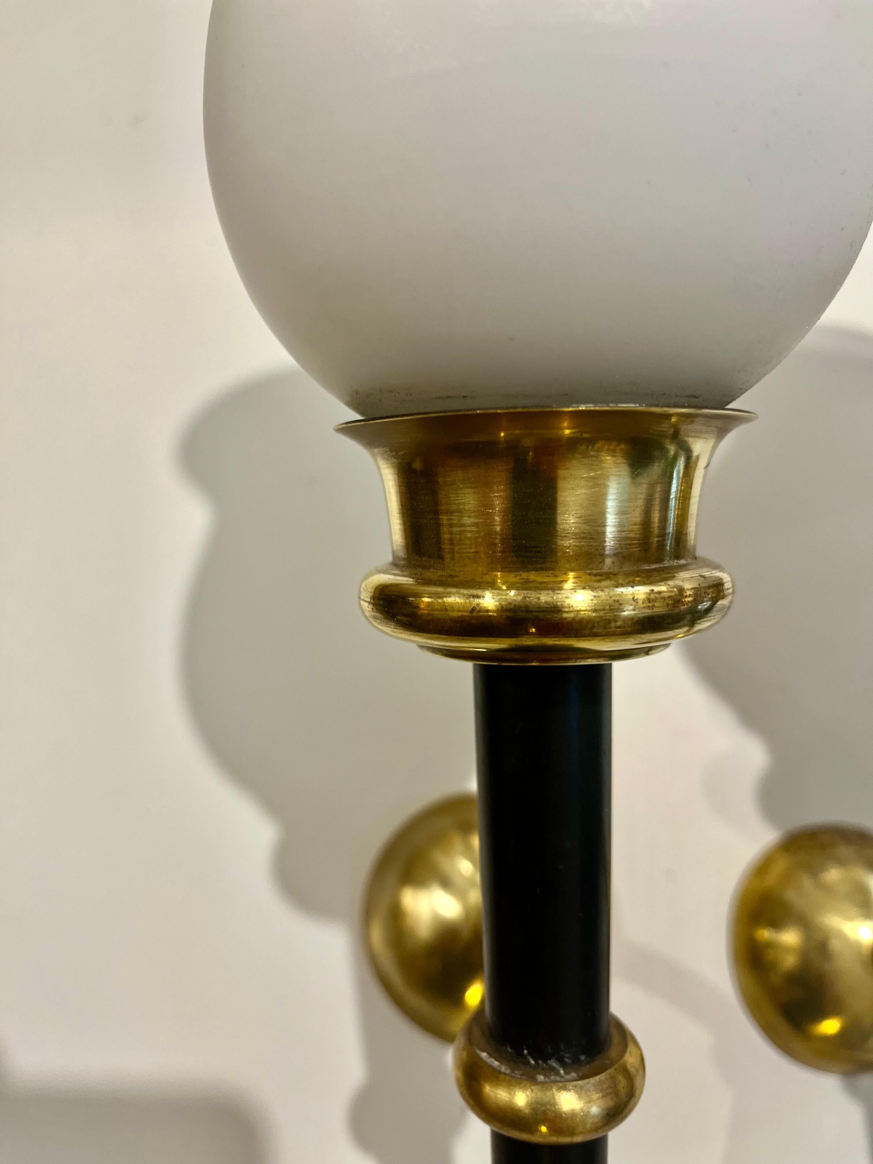 Pair of Vintage Brass Metal and Opaline Wall Lights Arlus Style For Sale 2