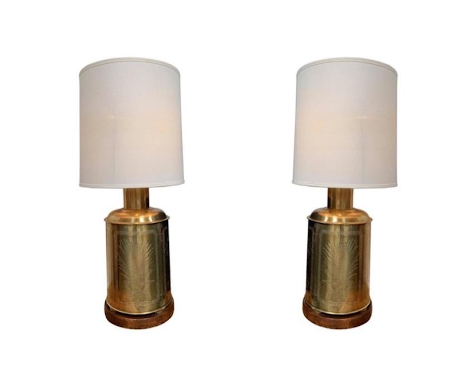 Pair of Vintage Brass Oriental Chinese Canister Table Lamps with Wooden Base 1