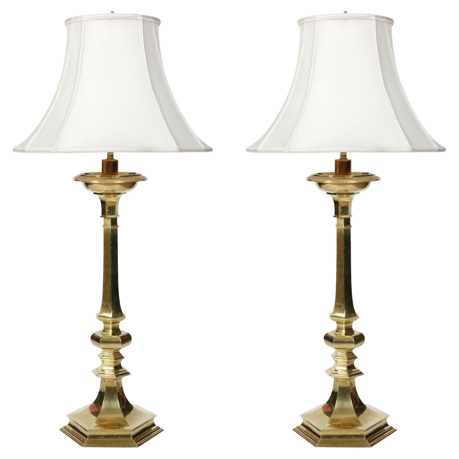 Pair French Brass Candlestick Lamps at 1stDibs