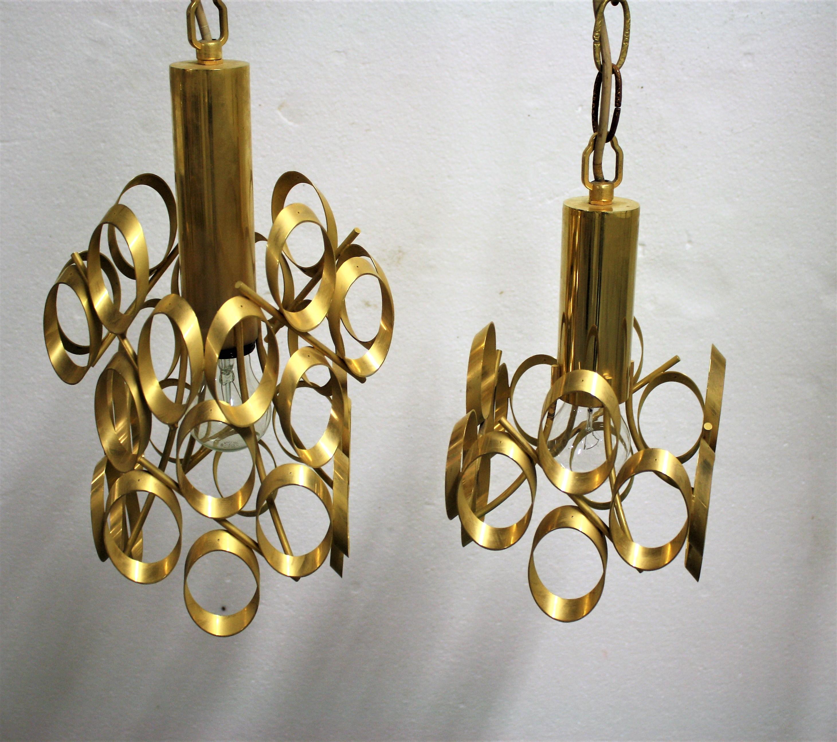 Mid-Century Modern Pair of Vintage Brass Pendant Lights by Gaetano Sciolari, 1960s, Italy