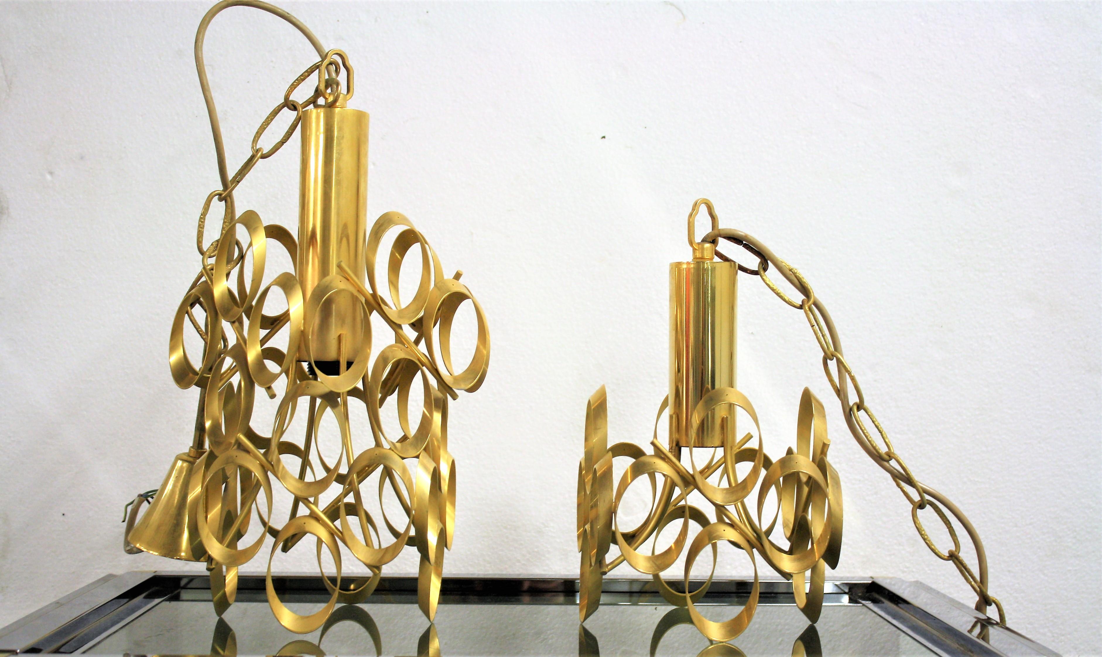 Italian Pair of Vintage Brass Pendant Lights by Gaetano Sciolari, 1960s, Italy