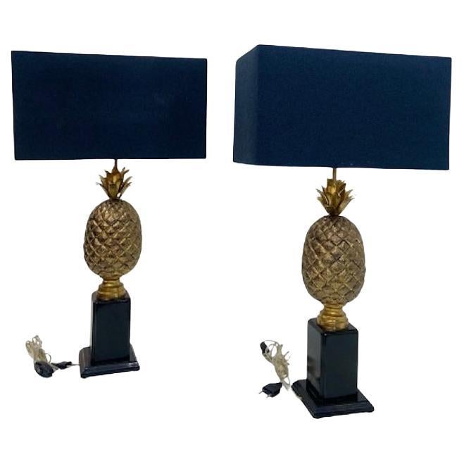 Pair Of Vintage Brass Pineapple Lamp Base With Shades