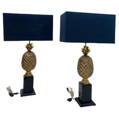 Pair Of Vintage Brass Pineapple Lamp Base With Shades