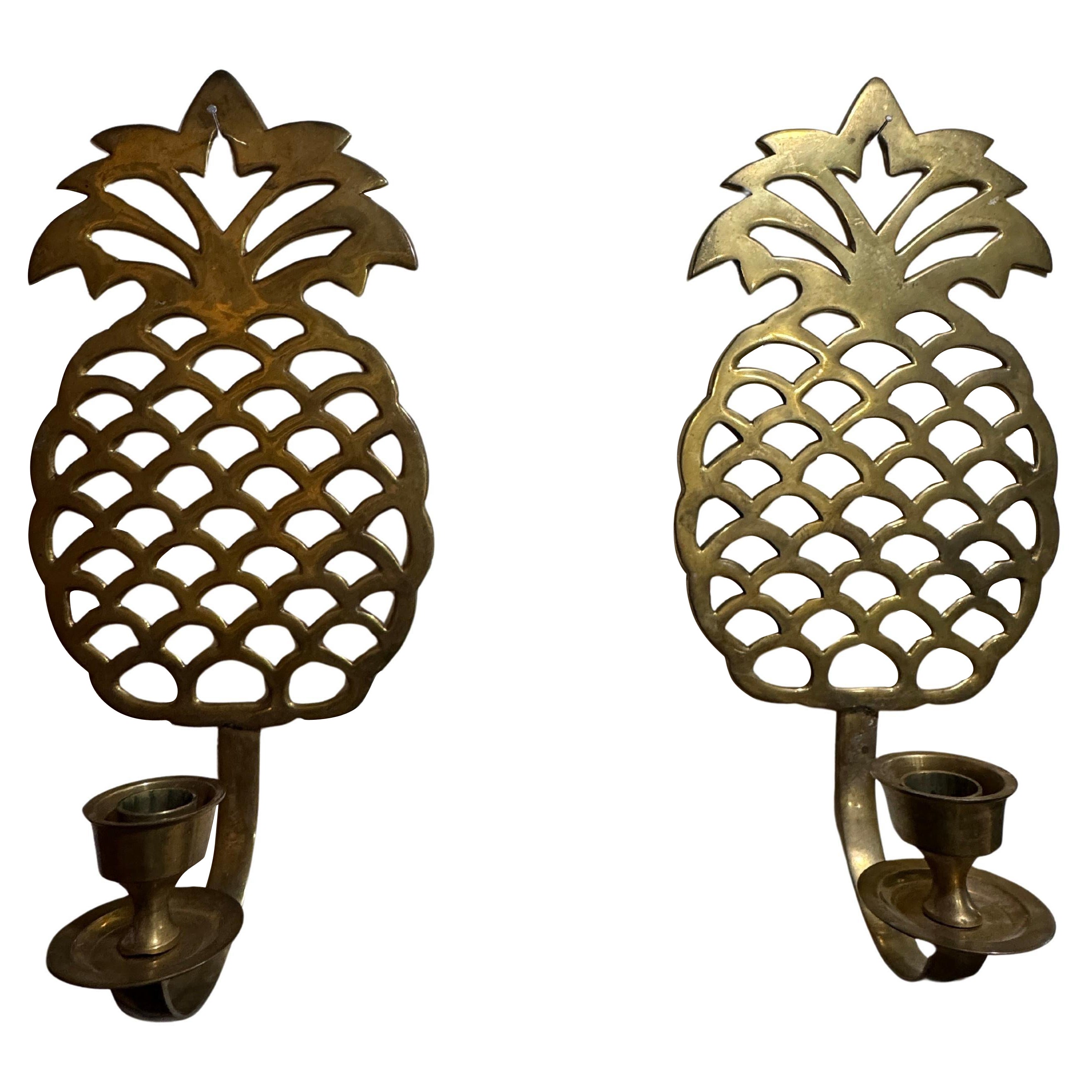 Pair of Vintage Brass Pineapple Wall Candle Sconces