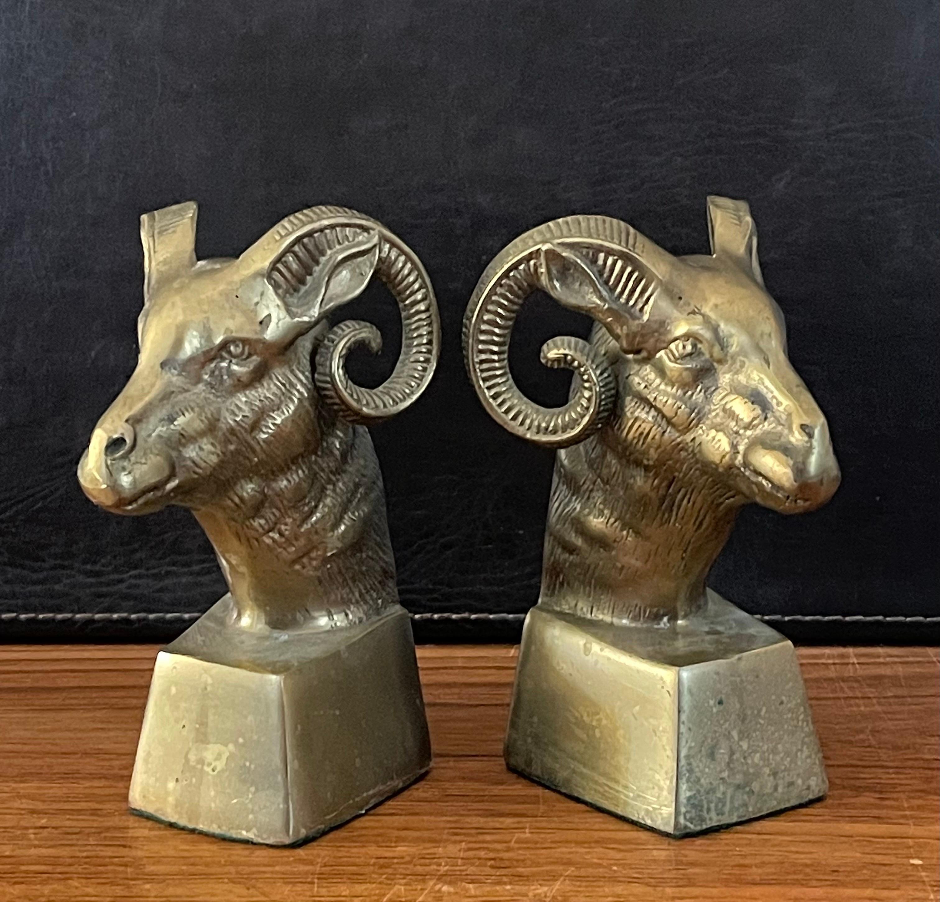 Pair of Vintage Brass Rams Head Bookends 1
