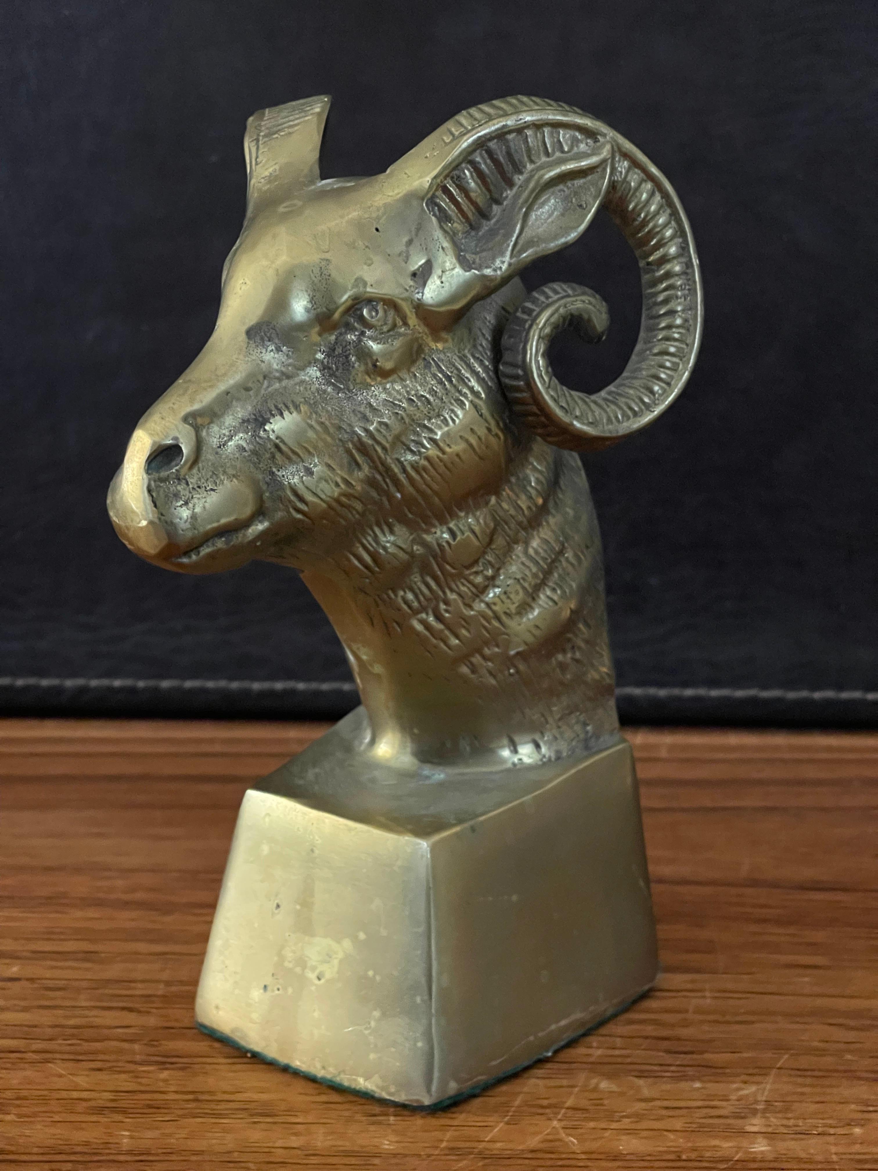 Mid-Century Modern Pair of Vintage Brass Rams Head Bookends