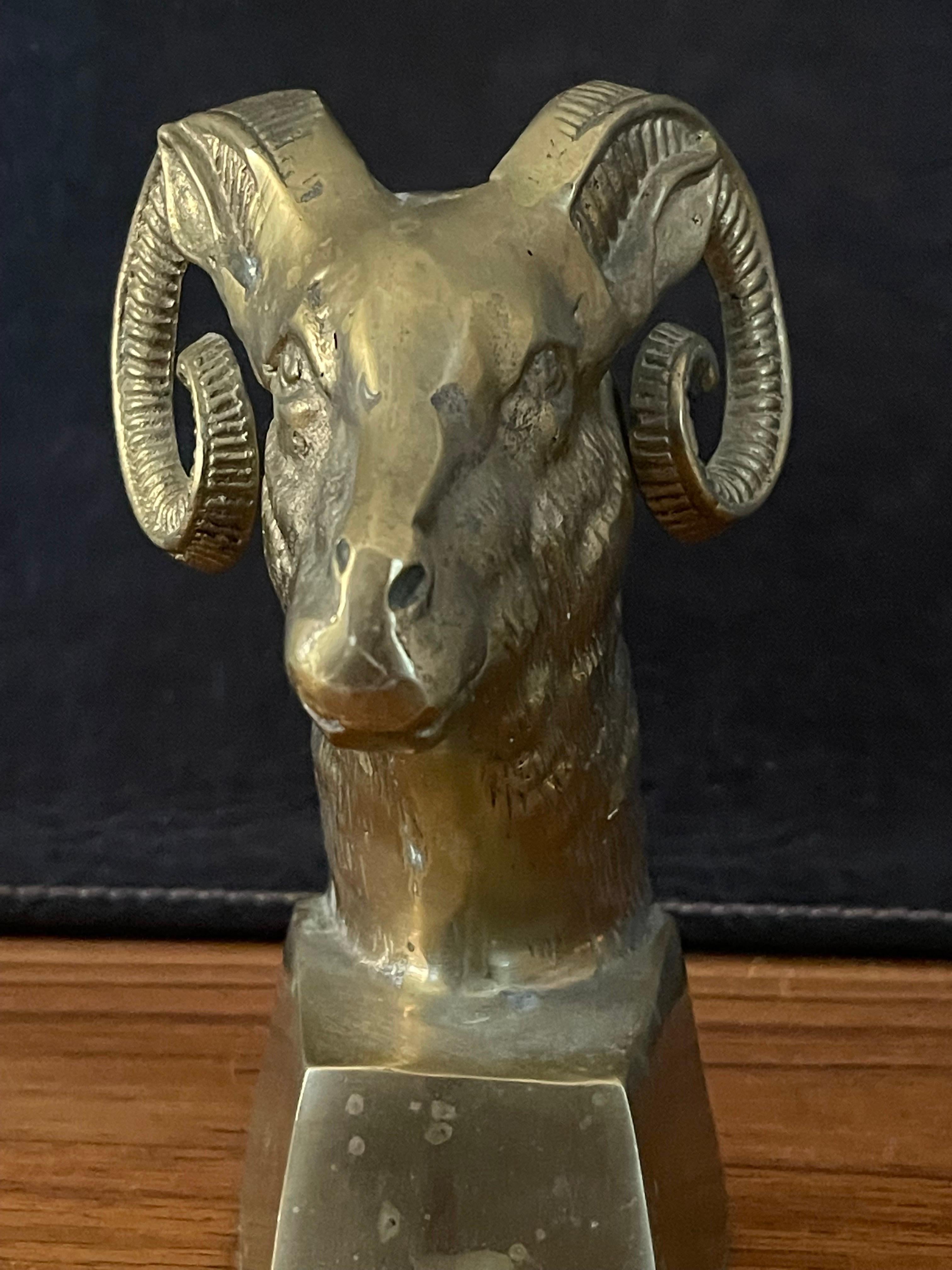 Pair of Vintage Brass Rams Head Bookends In Good Condition In San Diego, CA