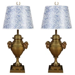 Pair of Vintage Brass Rams Head Handle Table Lamps