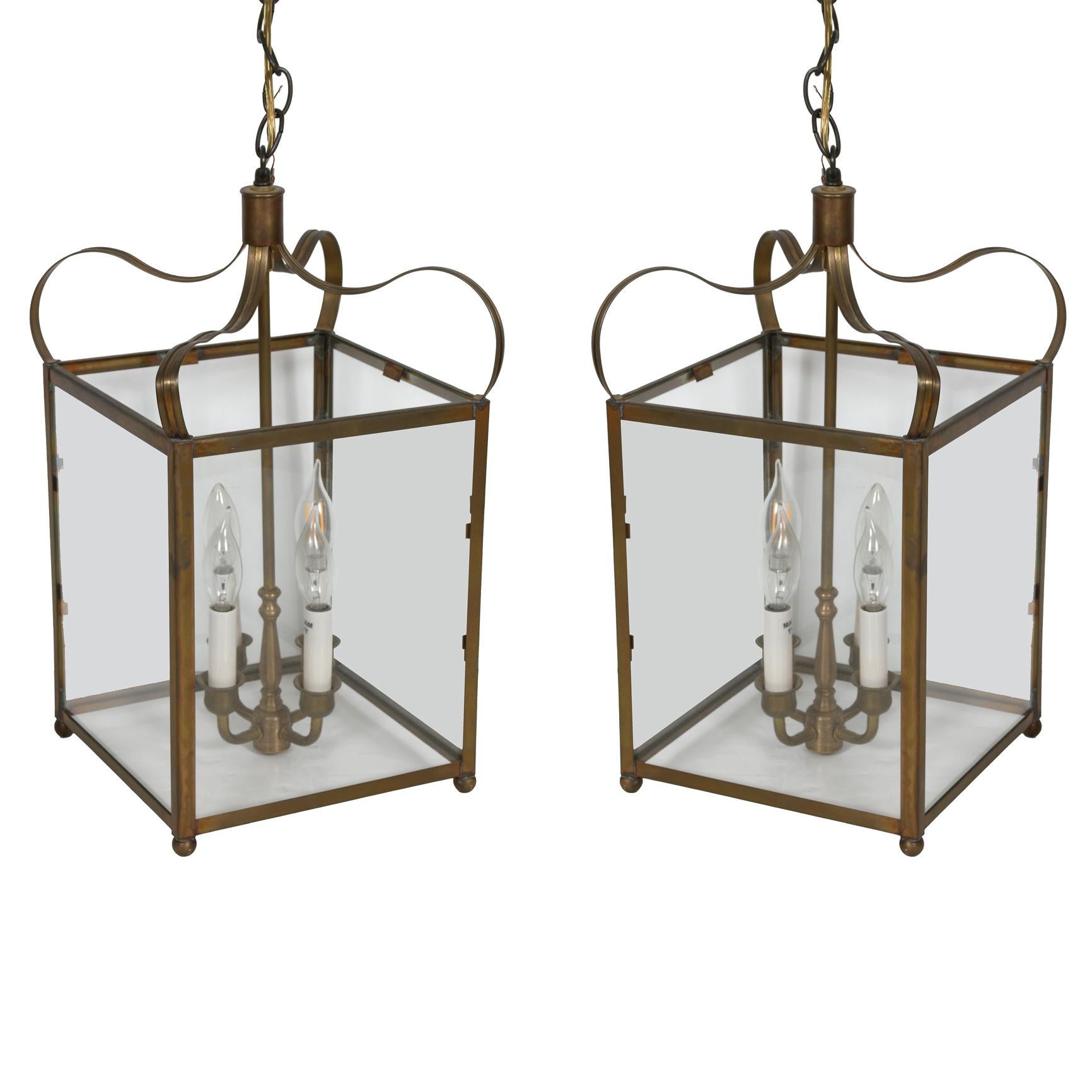 20th Century Pair of Vintage Brass Square Lanterns For Sale