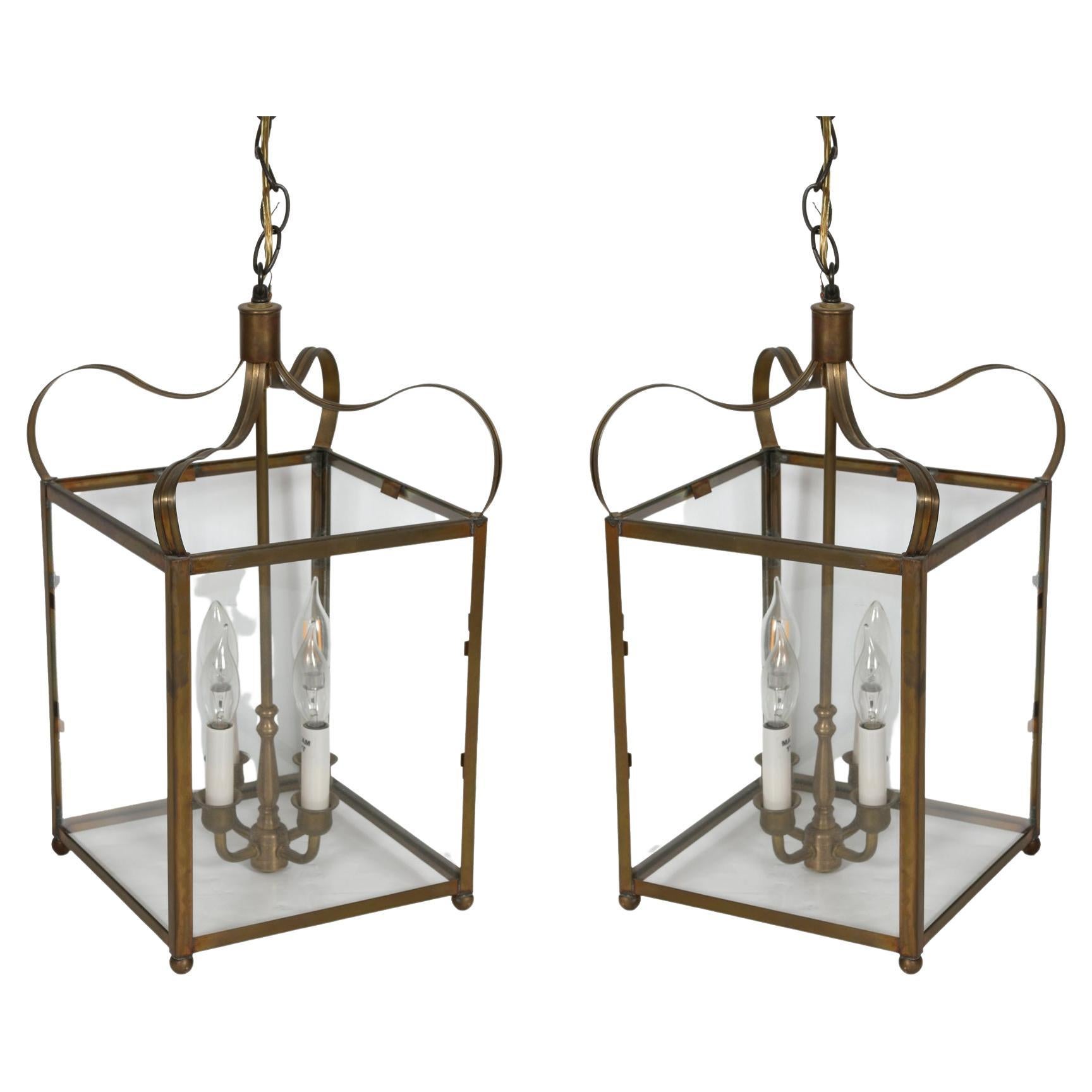 Pair of Vintage Brass Square Lanterns For Sale
