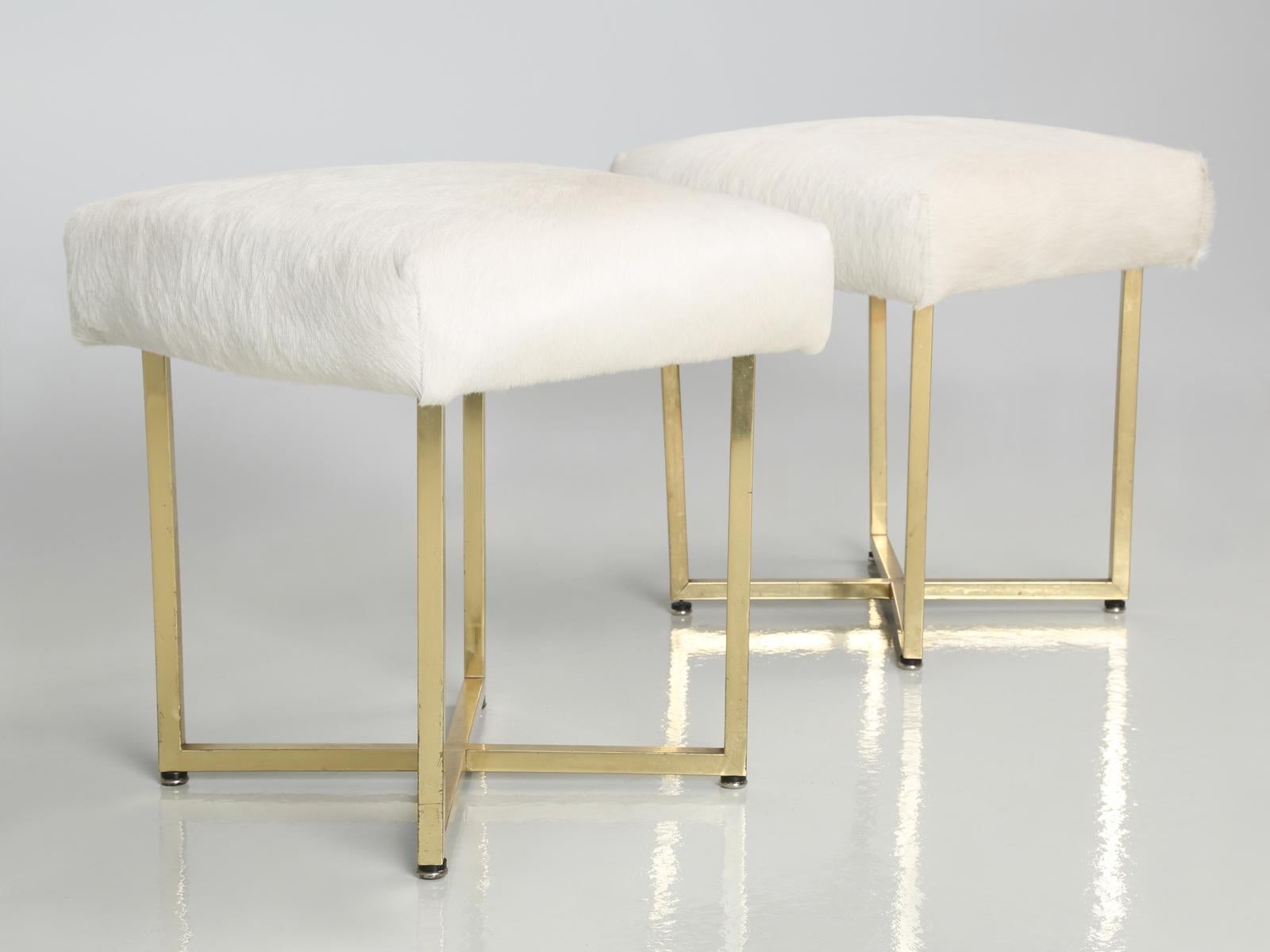 Mid-Century Modern Pair of Vintage Brass Stools Attributed to Paul McCobb with Hair on Hide For Sale