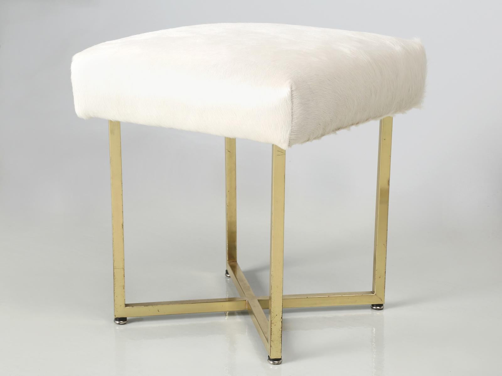 Machine-Made Pair of Vintage Brass Stools Attributed to Paul McCobb with Hair on Hide For Sale