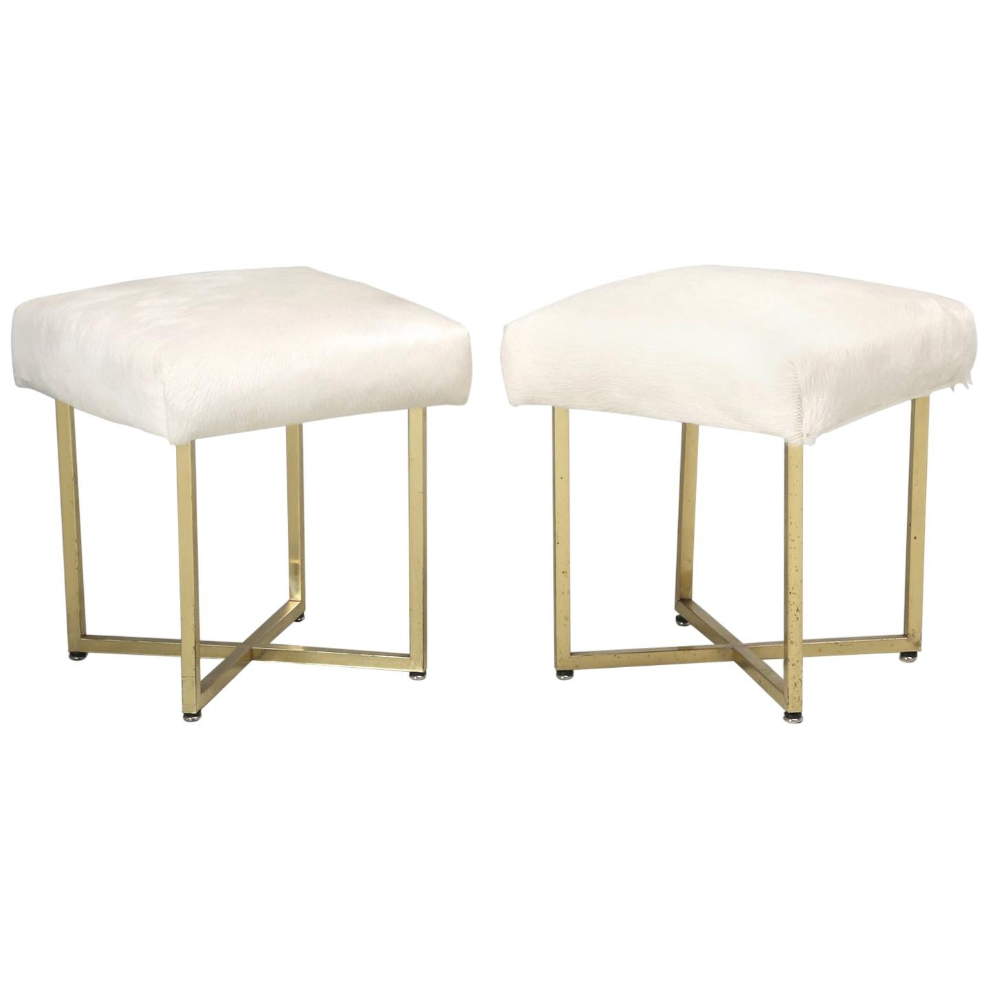 Pair of Vintage Brass Stools Attributed to Paul McCobb with Hair on Hide For Sale