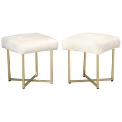 Pair of Vintage Brass Stools Attributed to Paul McCobb with Hair on Hide