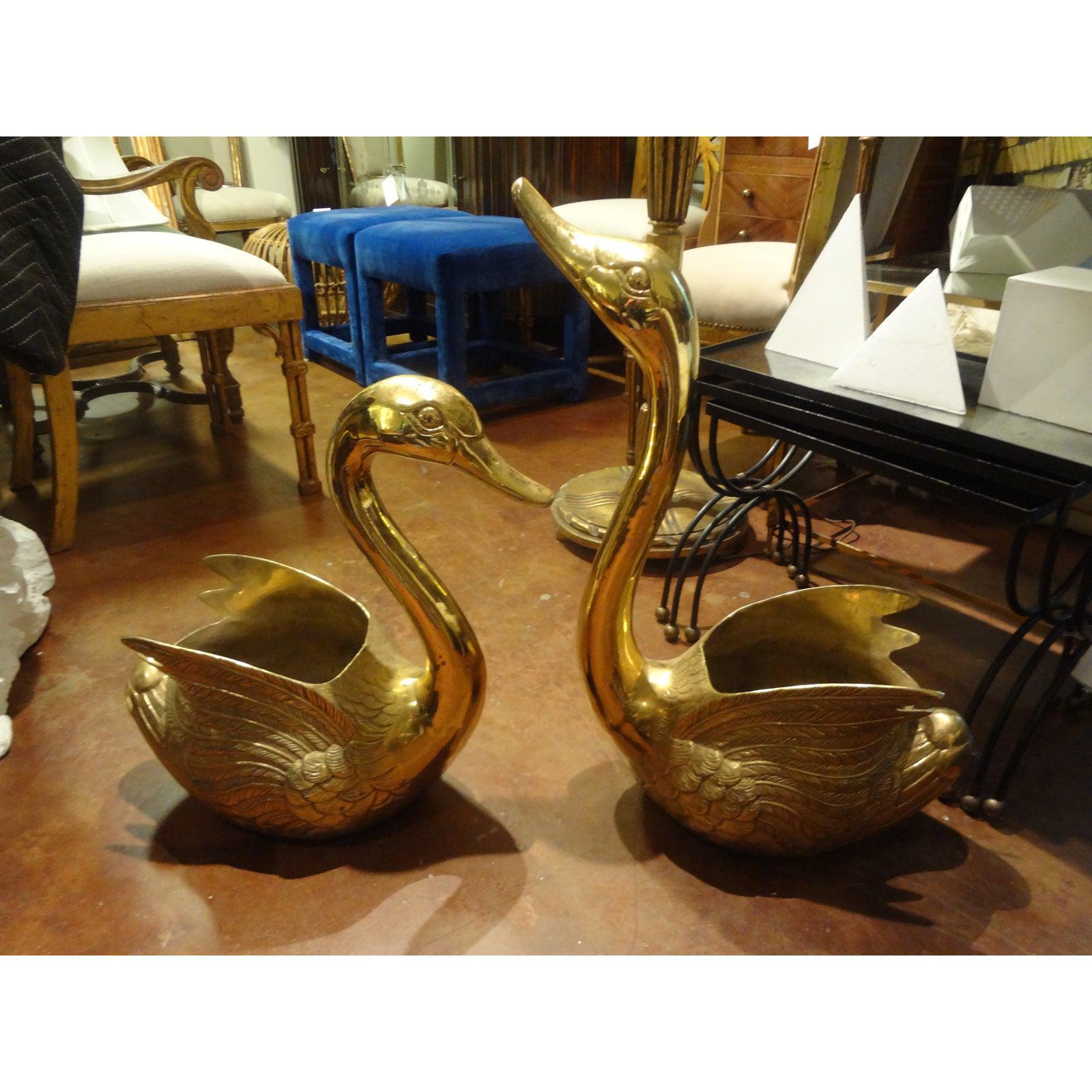 Pair of Vintage Brass Swan Planters 4
